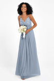 Spaghetti Straps Chiffon Lace Bridesmaid Dress Ruched Long Formal Evening Dresses Gowns