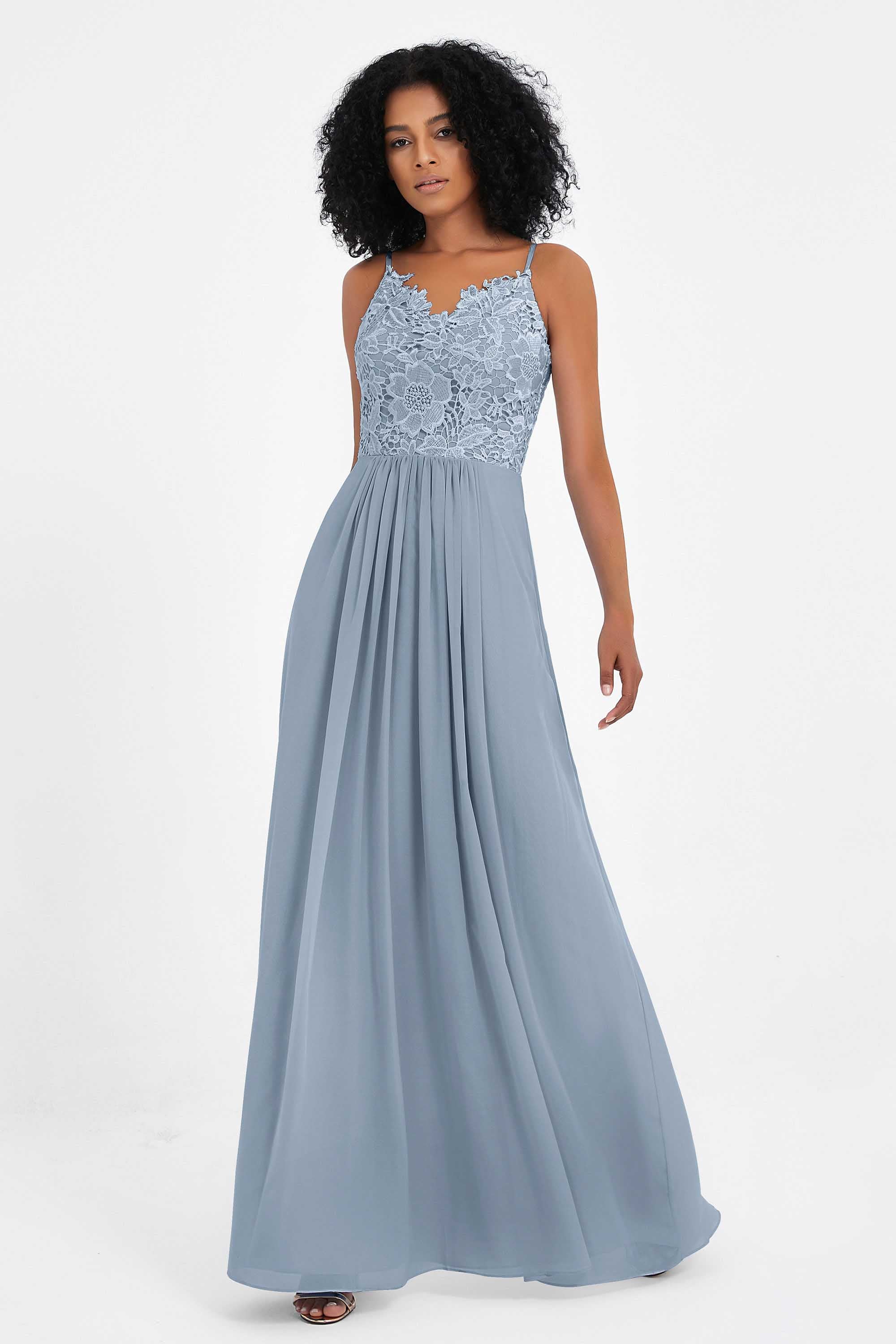 Spaghetti Straps Chiffon Lace Bridesmaid Dress Ruched Long Formal Evening Dresses Gowns