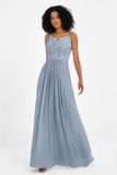 Spaghetti Straps Chiffon Lace Bridesmaid Dress Ruched Long Formal Evening Dresses Gowns
