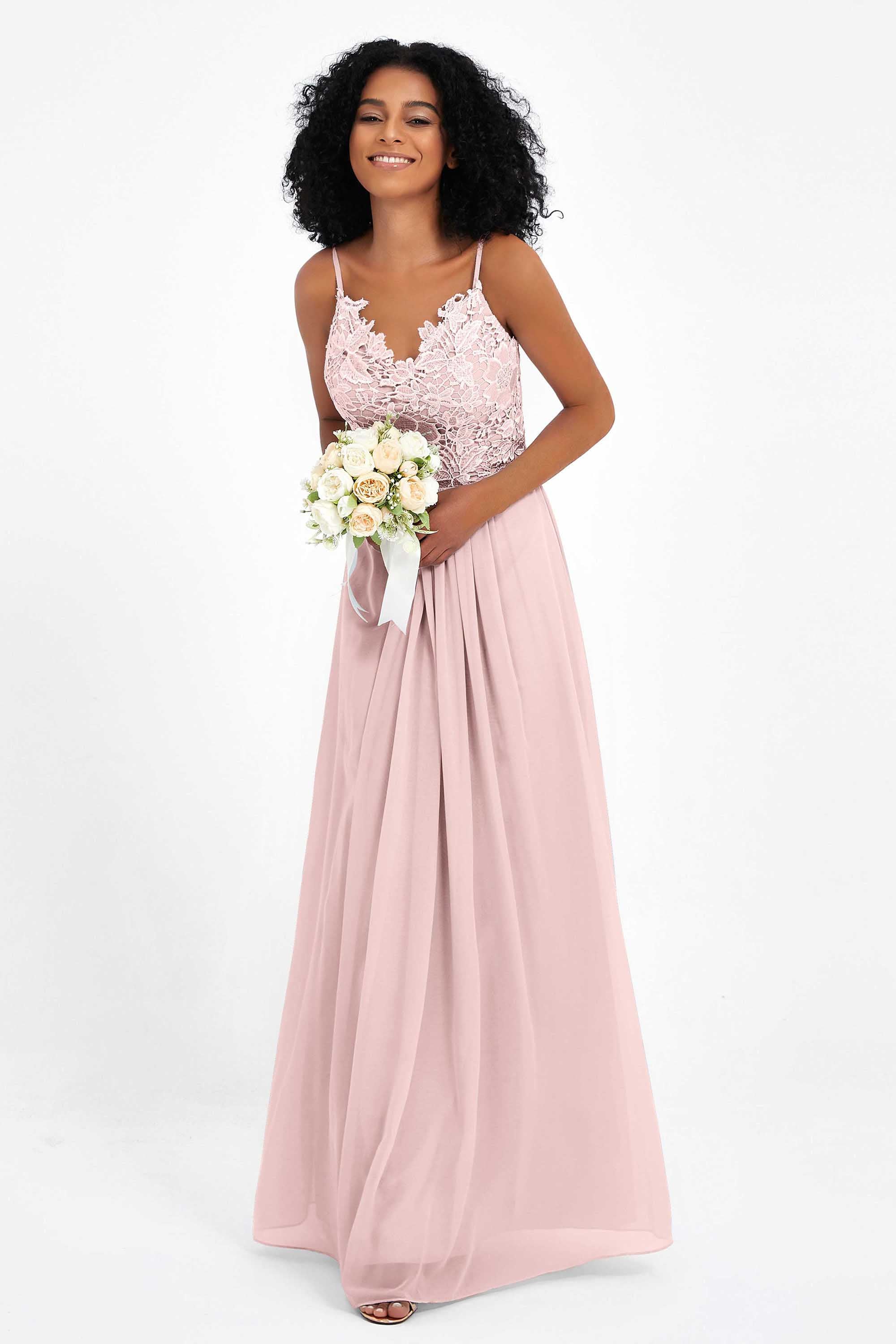 Spaghetti Straps Chiffon Lace Bridesmaid Dress Ruched Long Formal Evening Dresses Gowns