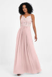 Spaghetti Straps Chiffon Lace Bridesmaid Dress Ruched Long Formal Evening Dresses Gowns