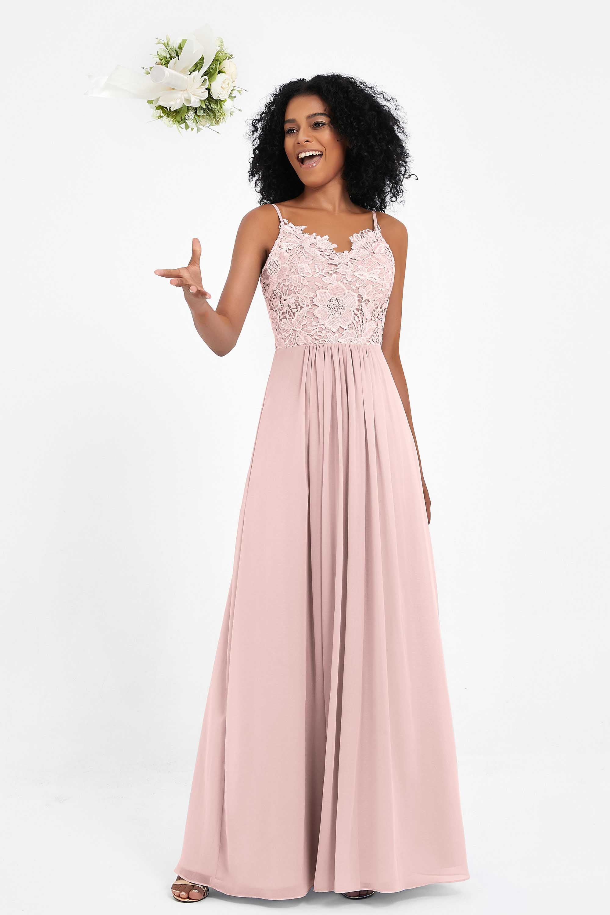 Spaghetti Straps Chiffon Lace Bridesmaid Dress Ruched Long Formal Evening Dresses Gowns