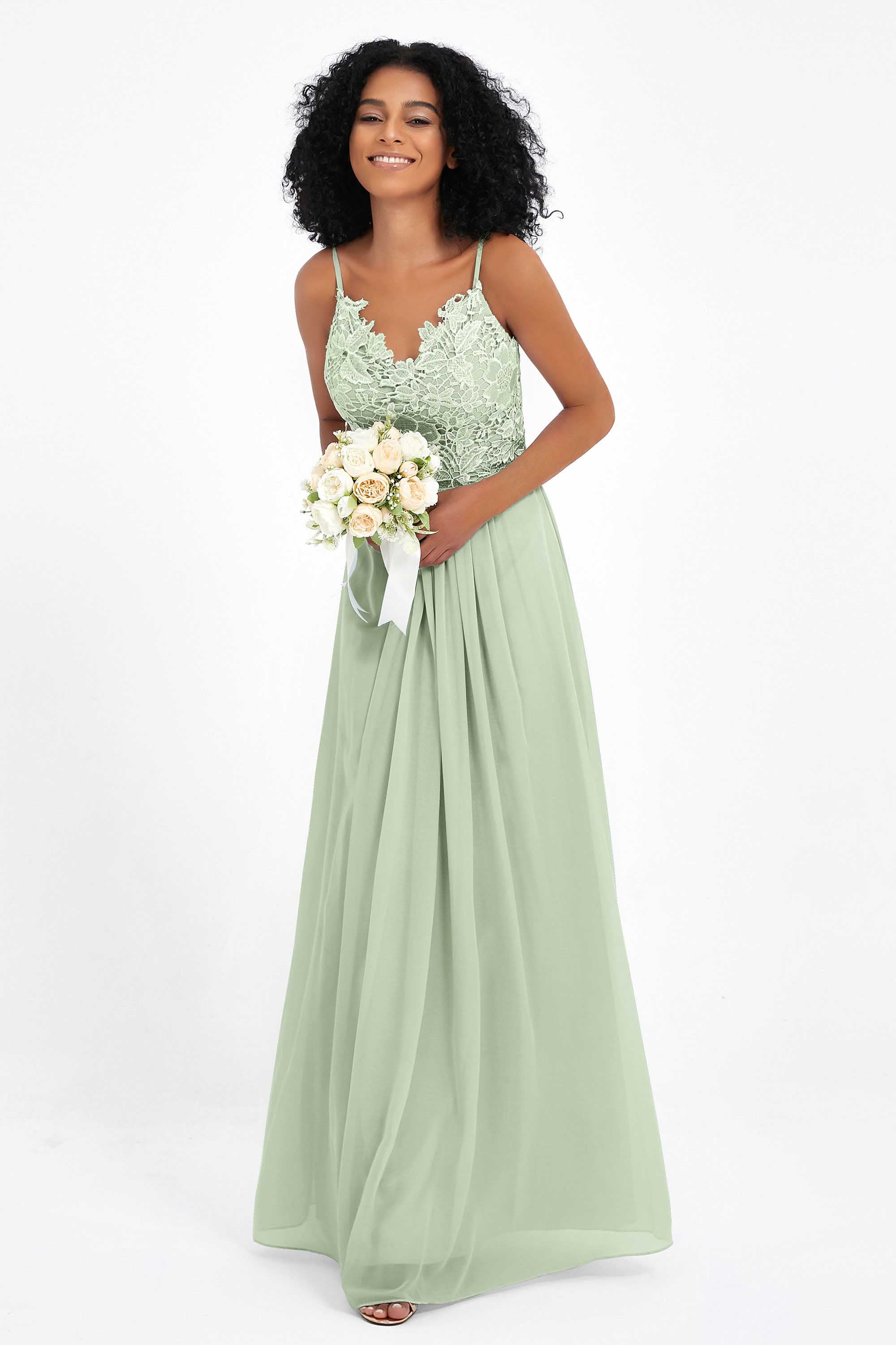 Spaghetti Straps Chiffon Lace Bridesmaid Dress Ruched Long Formal Evening Dresses Gowns