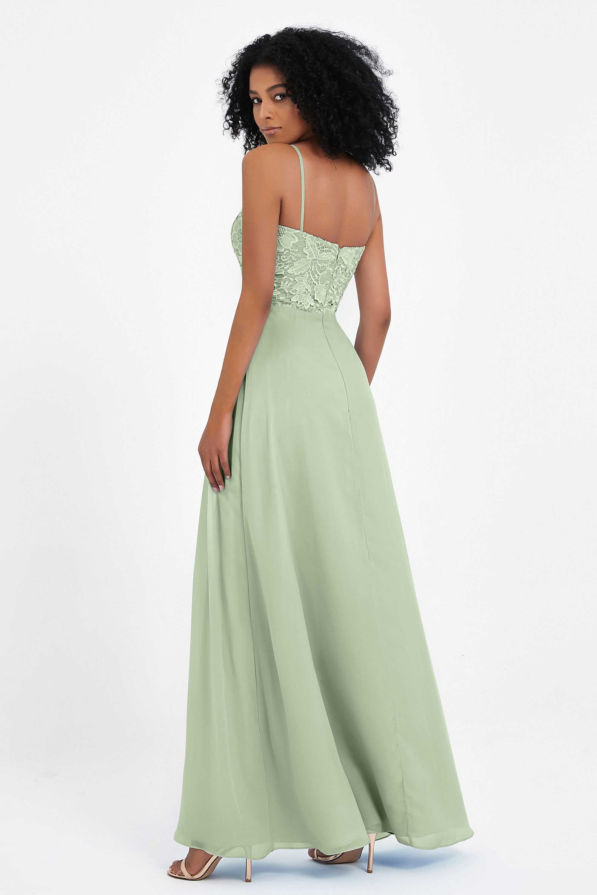 Spaghetti Straps Chiffon Lace Bridesmaid Dress Ruched Long Formal Evening Dresses Gowns