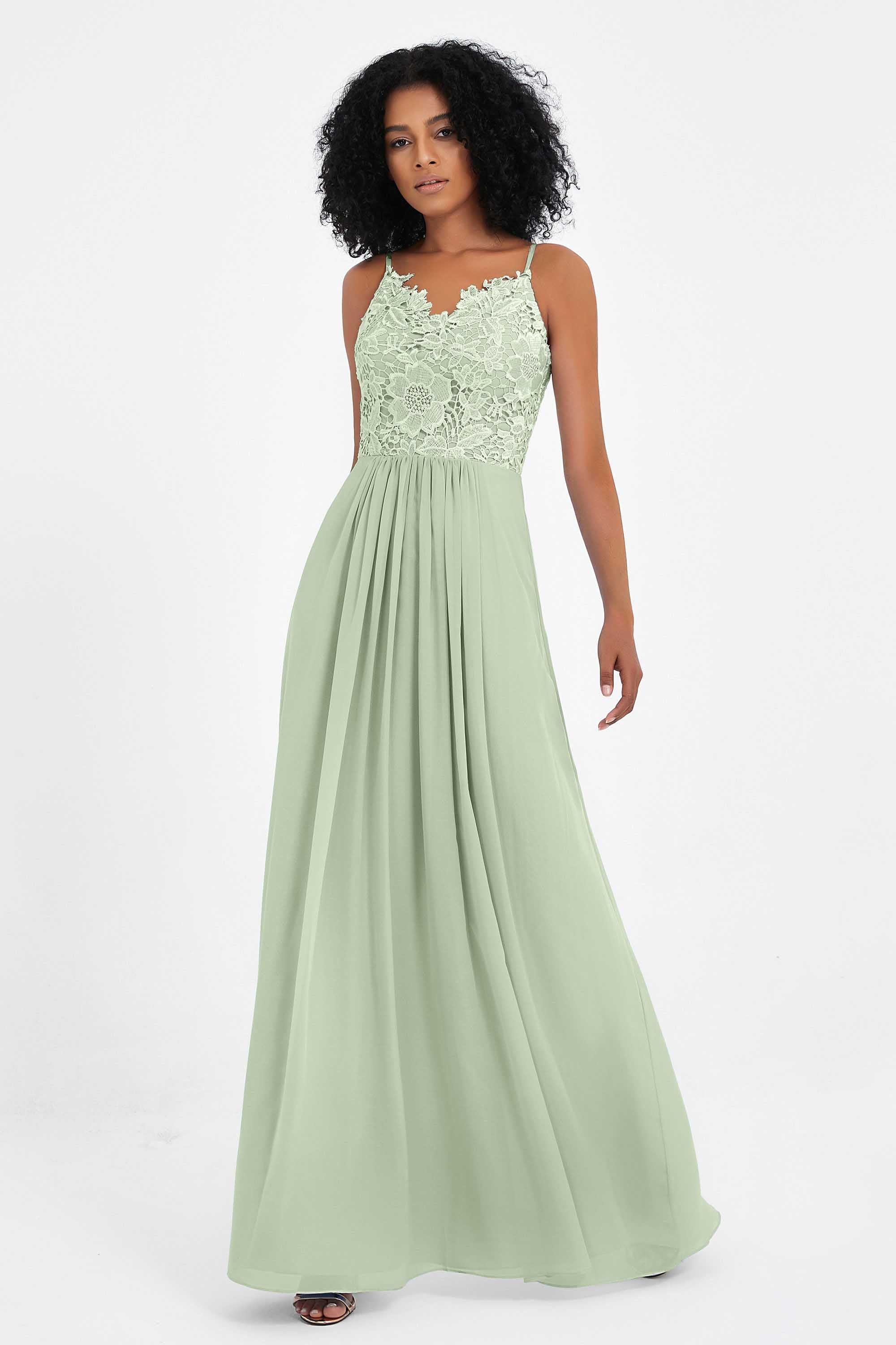 Spaghetti Straps Chiffon Lace Bridesmaid Dress Ruched Long Formal Evening Dresses Gowns