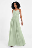 Spaghetti Straps Chiffon Lace Bridesmaid Dress Ruched Long Formal Evening Dresses Gowns