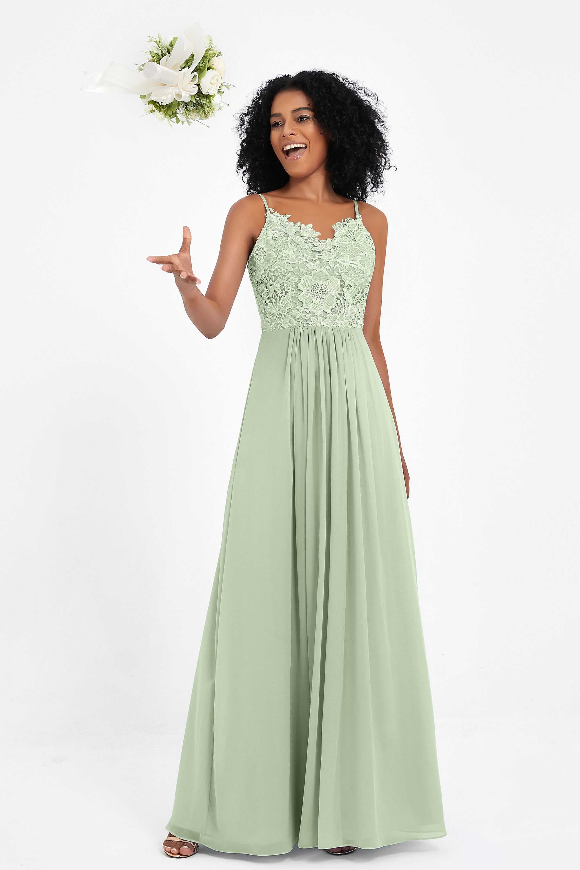 Spaghetti Straps Chiffon Lace Bridesmaid Dress Ruched Long Formal Evening Dresses Gowns