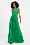 Spaghetti Straps Chiffon Lace Bridesmaid Dress Ruched Long Formal Evening Dresses Gowns