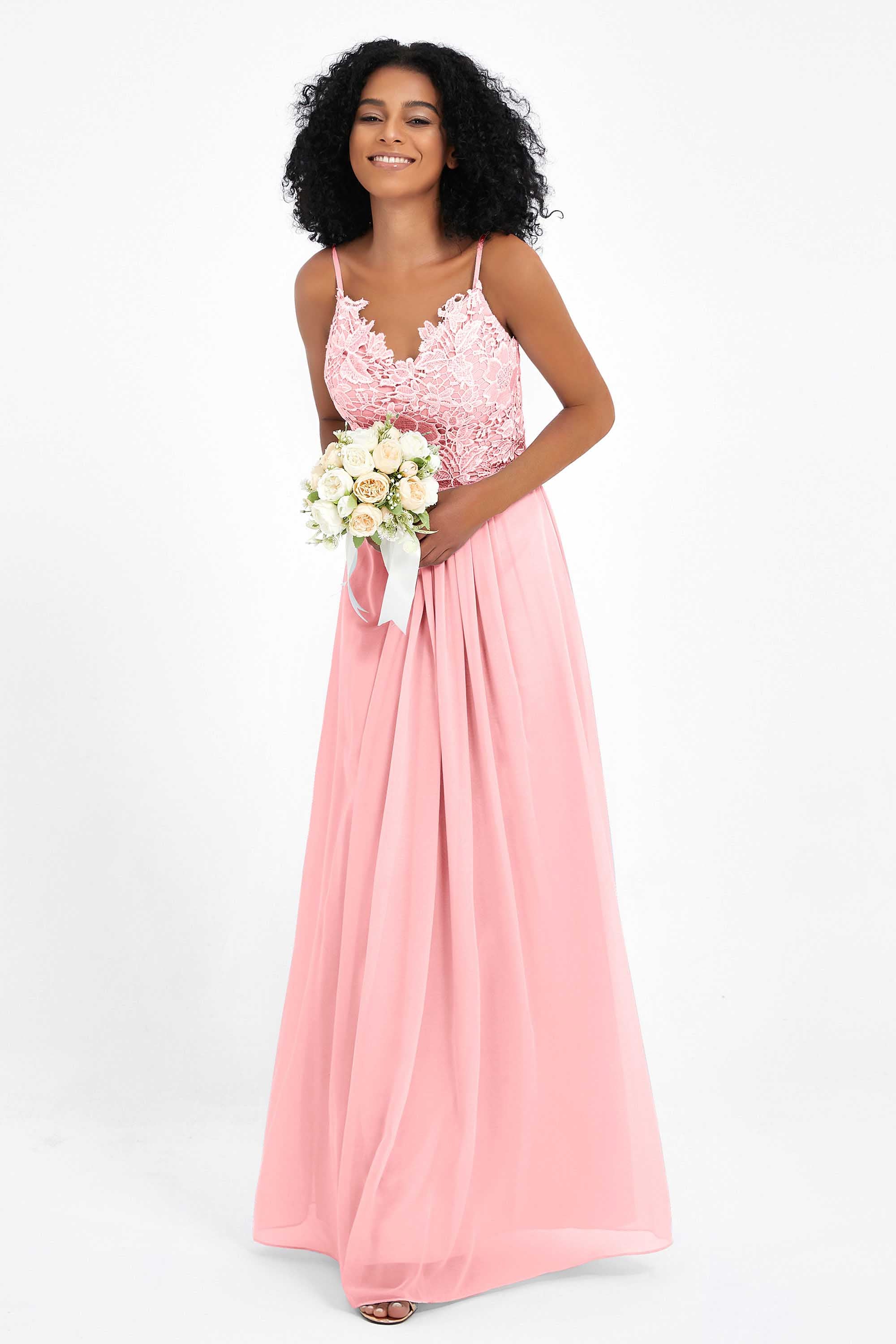 Spaghetti Straps Chiffon Lace Bridesmaid Dress Ruched Long Formal Evening Dresses Gowns