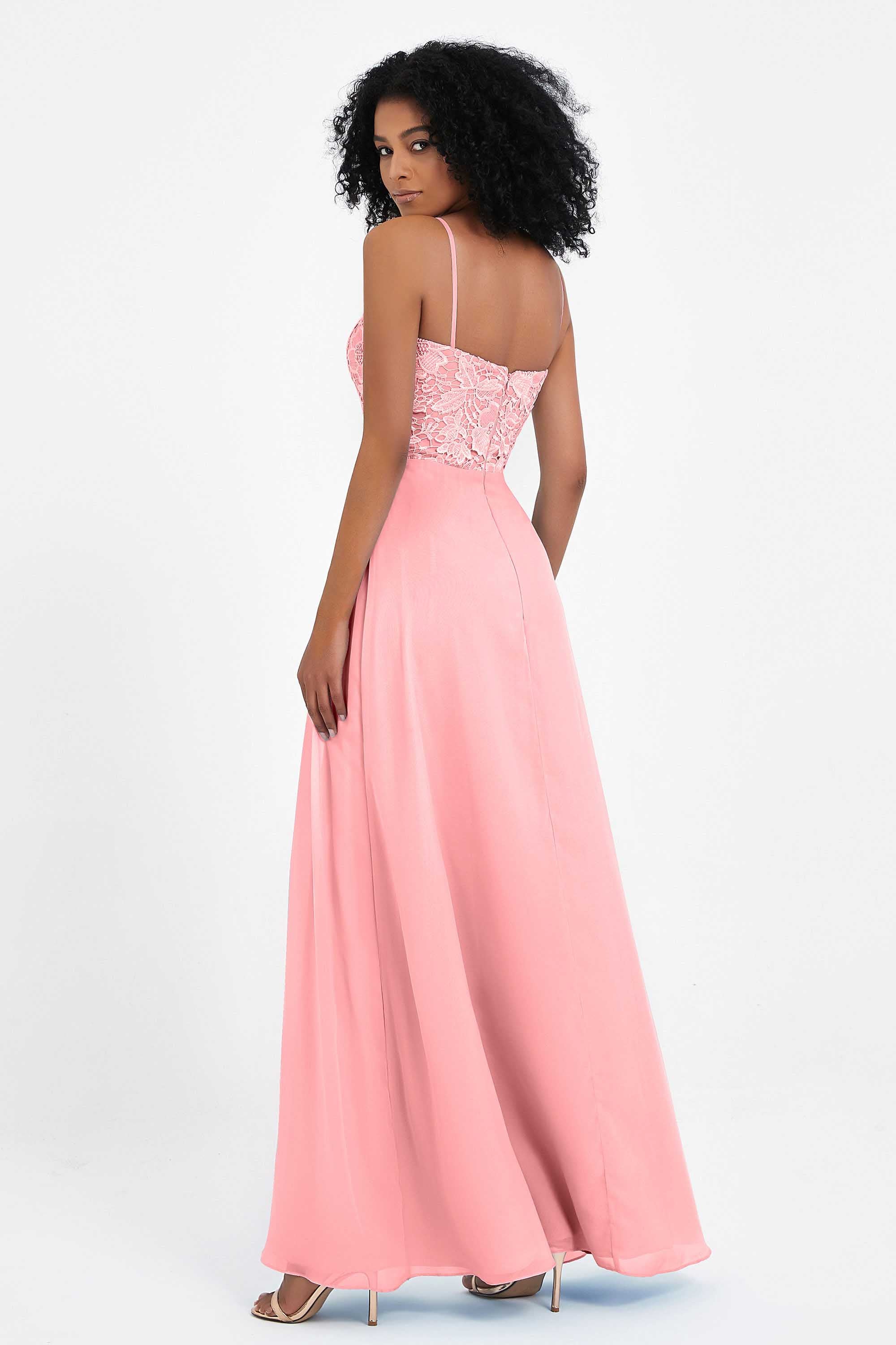 Spaghetti Straps Chiffon Lace Bridesmaid Dress Ruched Long Formal Evening Dresses Gowns