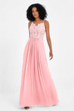 Spaghetti Straps Chiffon Lace Bridesmaid Dress Ruched Long Formal Evening Dresses Gowns