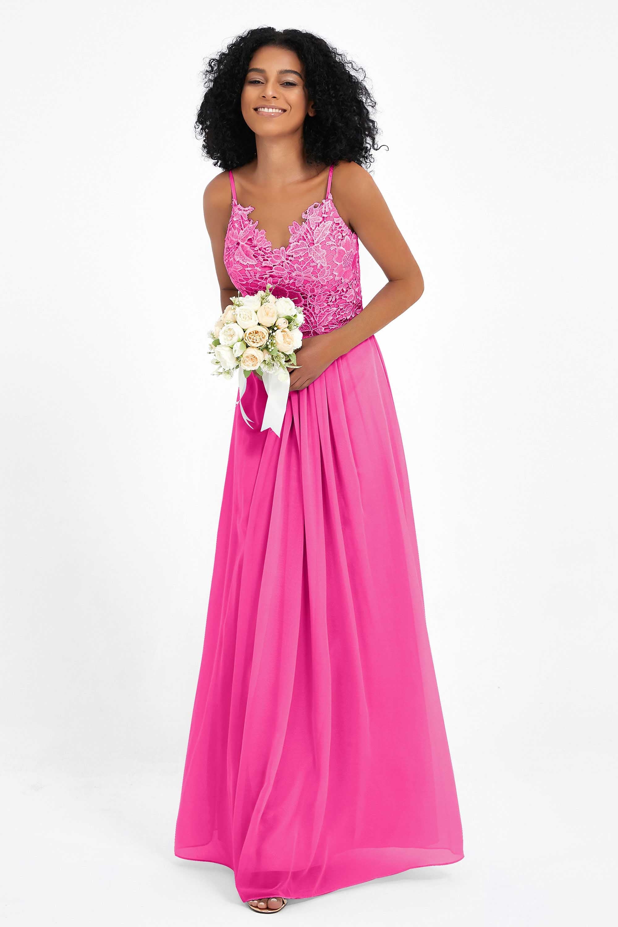 Spaghetti Straps Chiffon Lace Bridesmaid Dress Ruched Long Formal Evening Dresses Gowns
