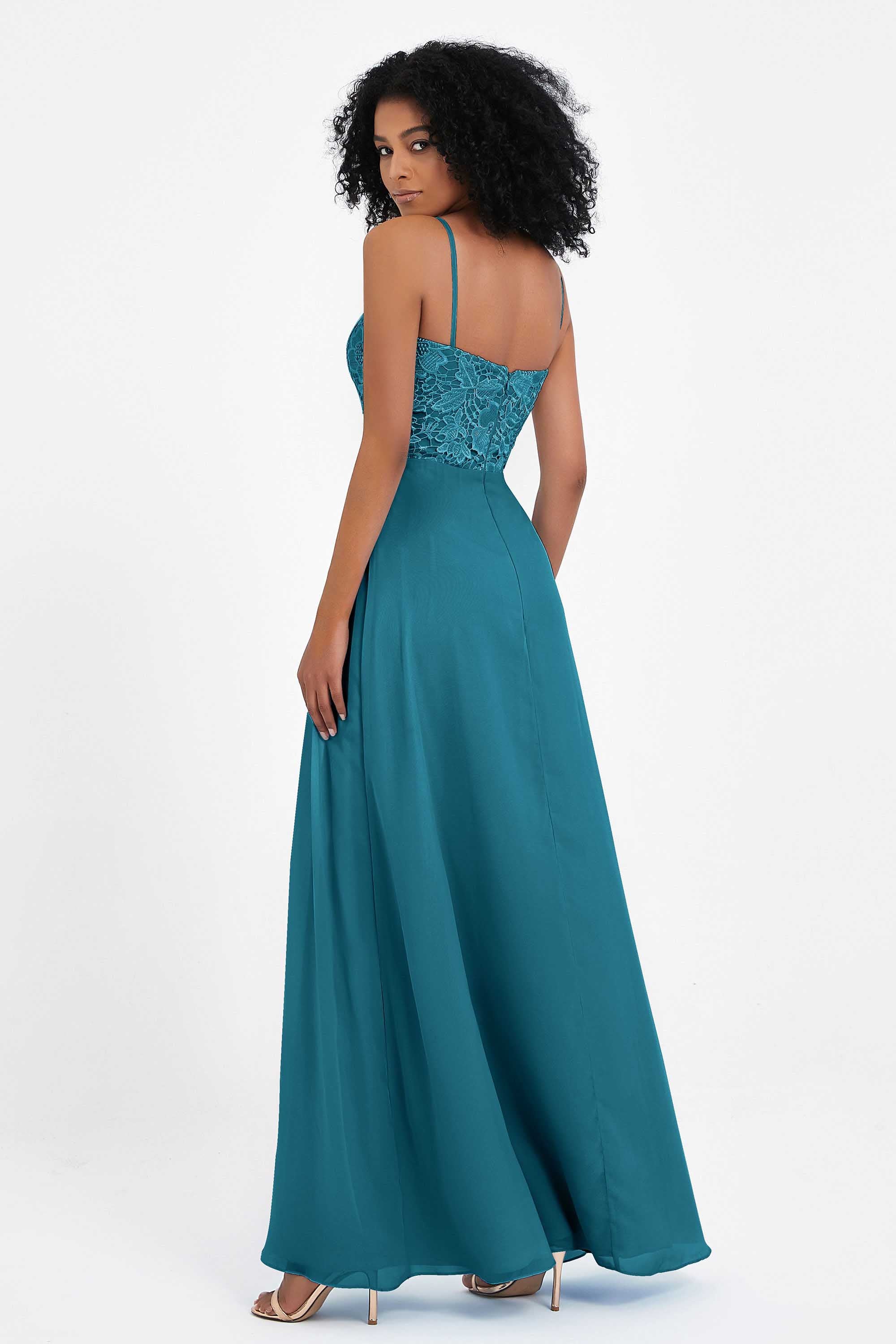 Spaghetti Straps Chiffon Lace Bridesmaid Dress Ruched Long Formal Evening Dresses Gowns