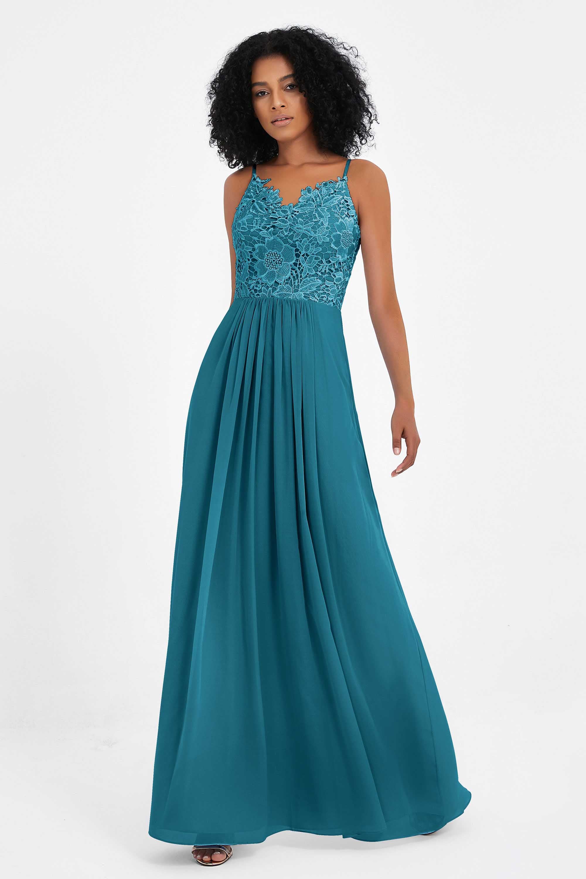 Spaghetti Straps Chiffon Lace Bridesmaid Dress Ruched Long Formal Evening Dresses Gowns