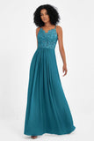 Spaghetti Straps Chiffon Lace Bridesmaid Dress Ruched Long Formal Evening Dresses Gowns