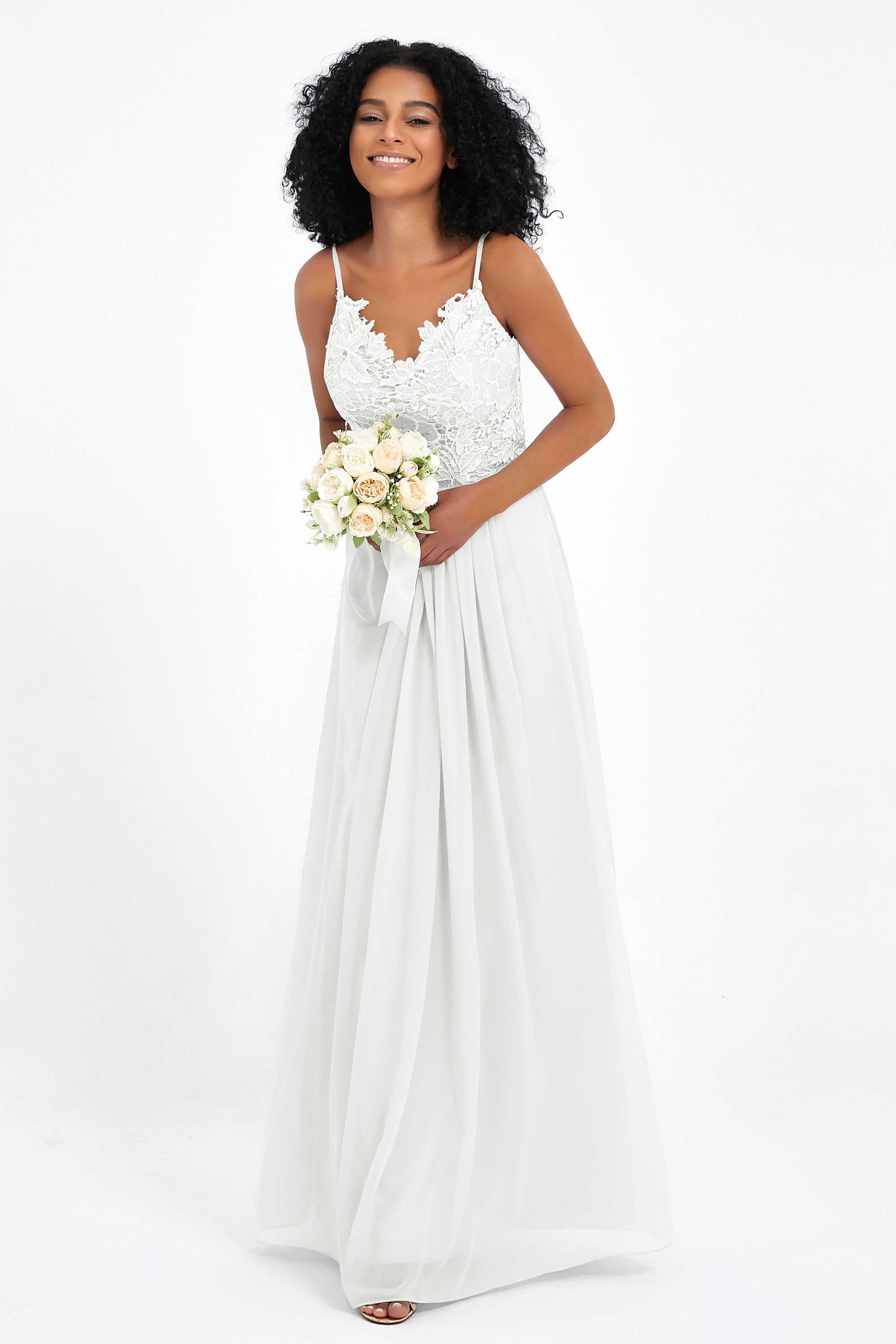 Spaghetti Straps Chiffon Lace Bridesmaid Dress Ruched Long Formal Evening Dresses Gowns