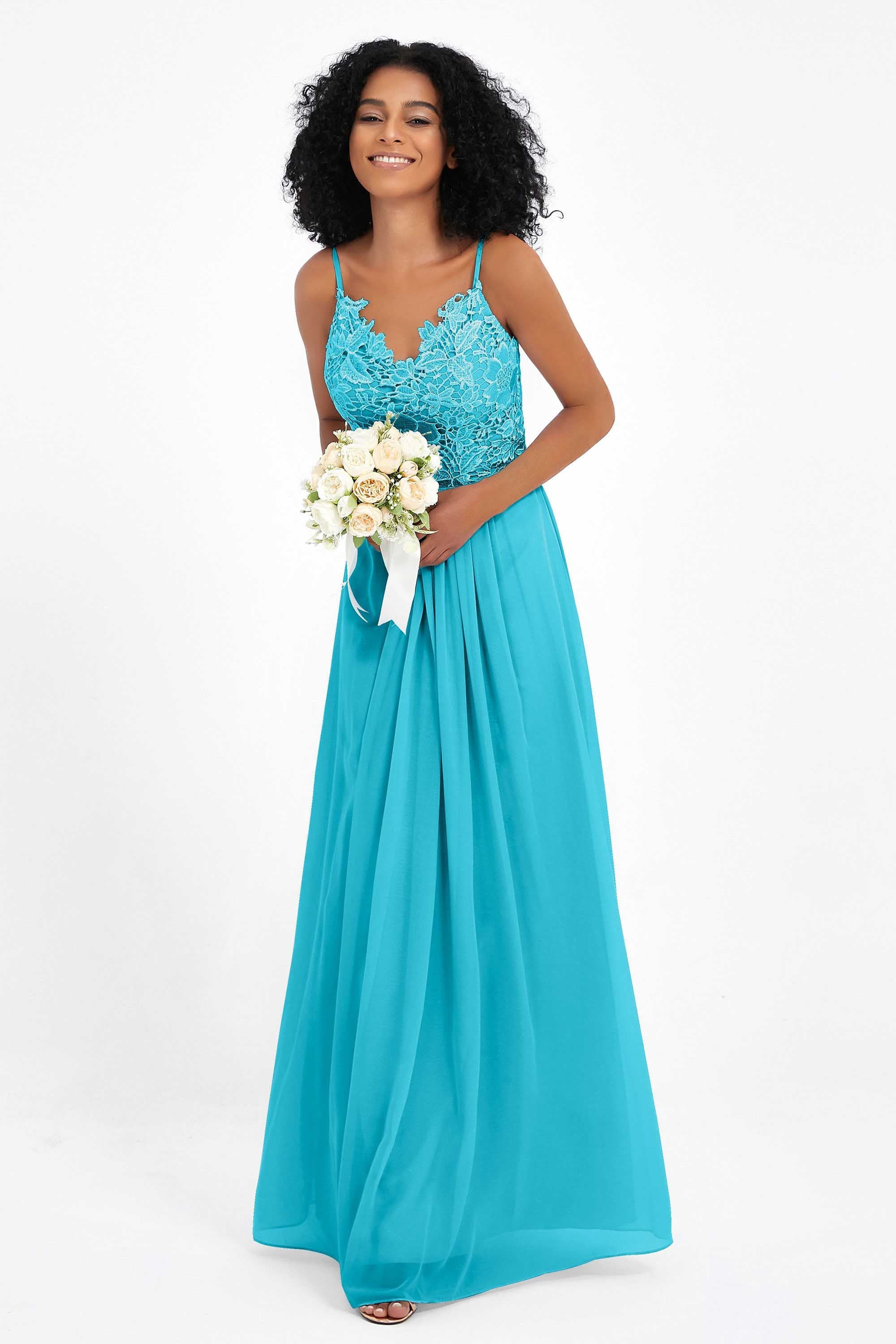 Spaghetti Straps Chiffon Lace Bridesmaid Dress Ruched Long Formal Evening Dresses Gowns