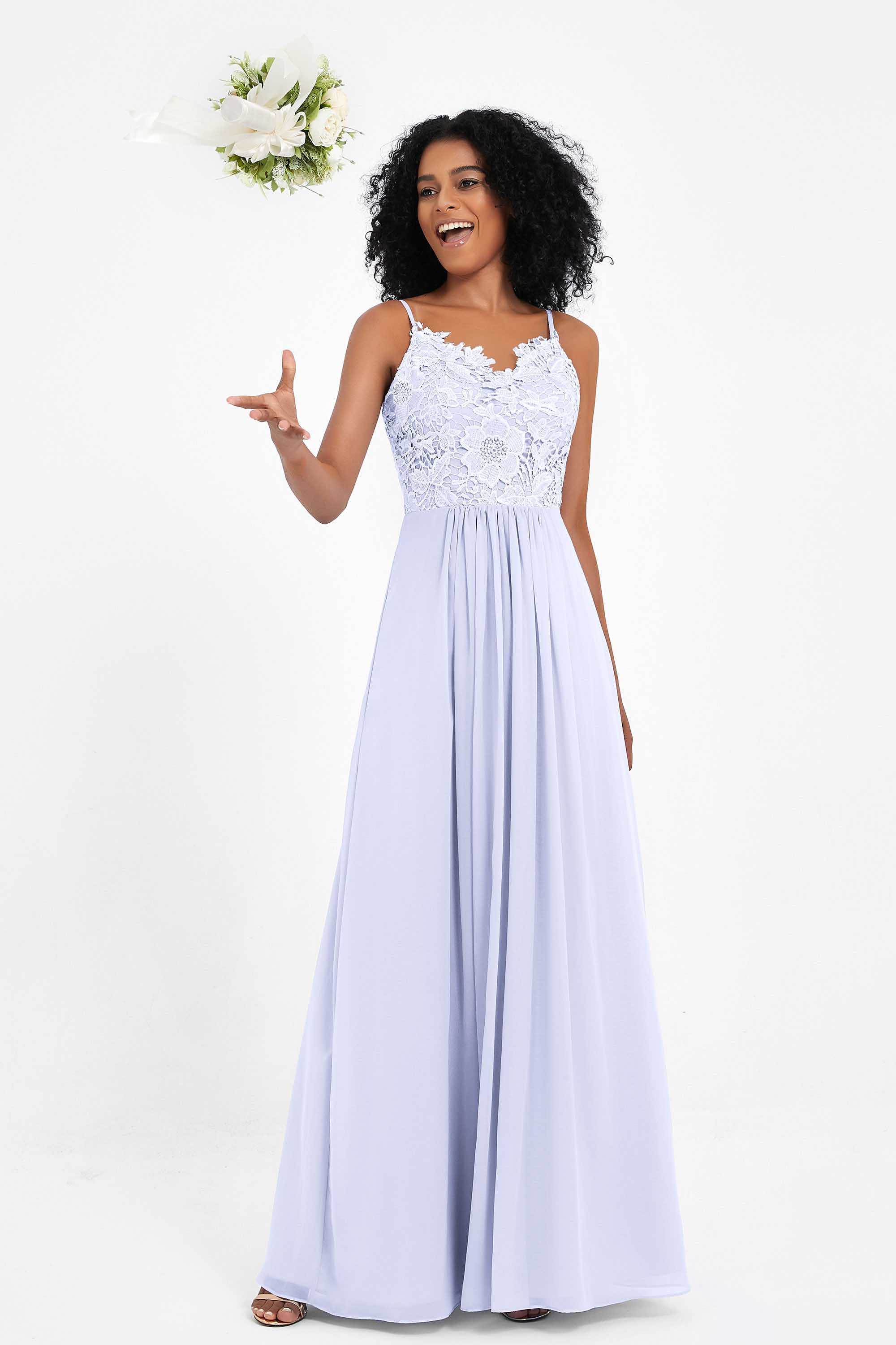 Spaghetti Straps Chiffon Lace Bridesmaid Dress Ruched Long Formal Evening Dresses Gowns