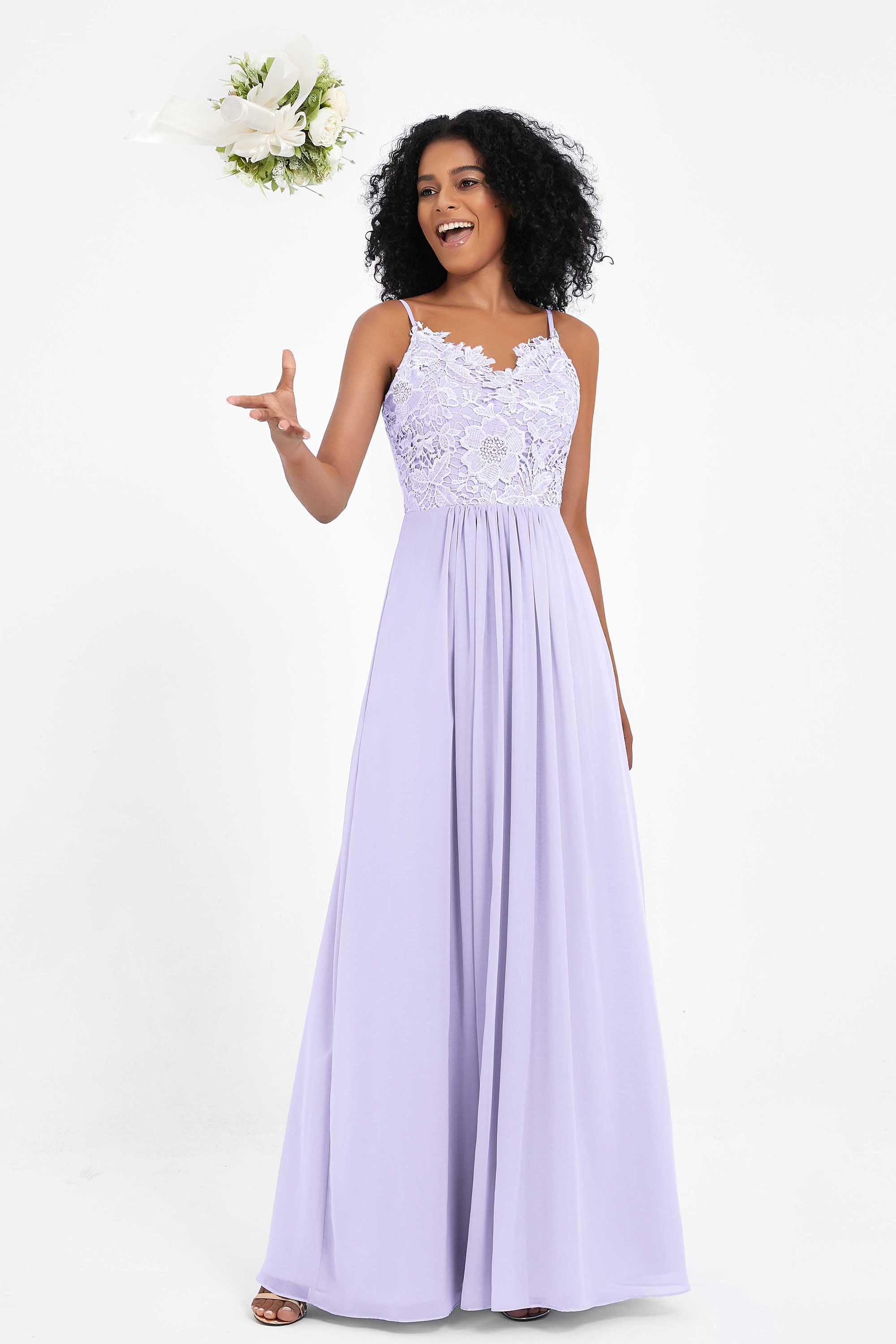 Spaghetti Straps Chiffon Lace Bridesmaid Dress Ruched Long Formal Evening Dresses Gowns