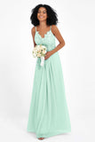 Spaghetti Straps Chiffon Lace Bridesmaid Dress Ruched Long Formal Evening Dresses Gowns