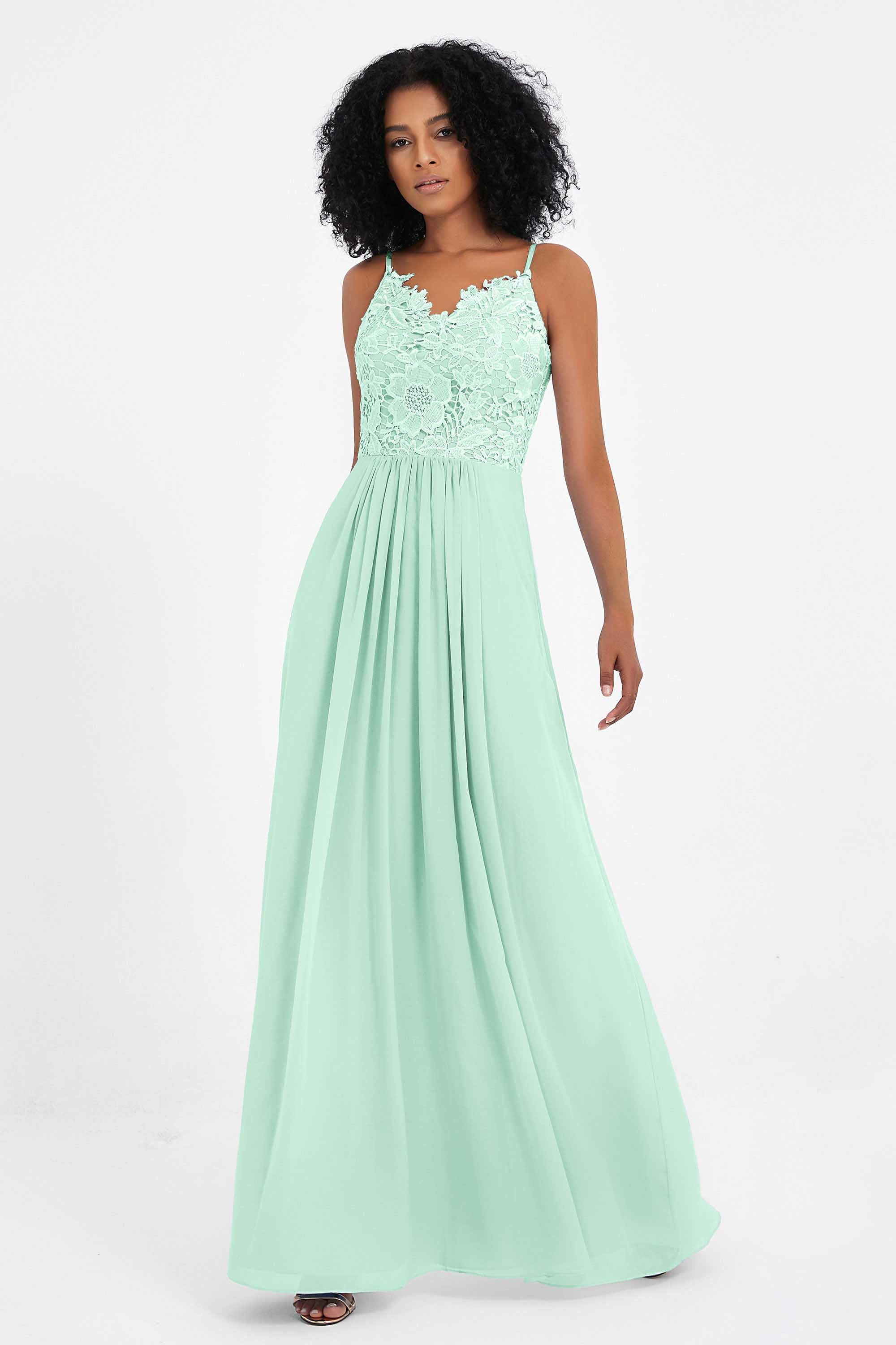 Spaghetti Straps Chiffon Lace Bridesmaid Dress Ruched Long Formal Evening Dresses Gowns