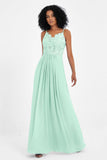 Spaghetti Straps Chiffon Lace Bridesmaid Dress Ruched Long Formal Evening Dresses Gowns