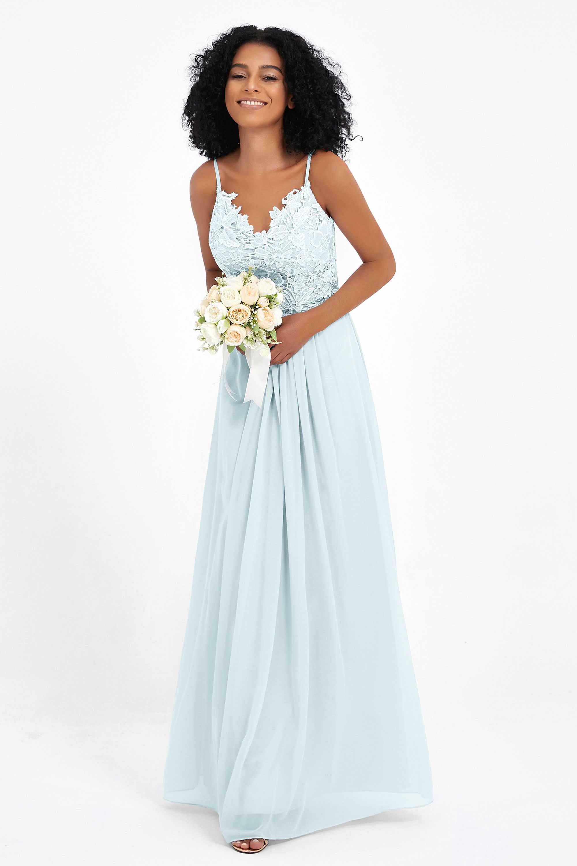 Spaghetti Straps Chiffon Lace Bridesmaid Dress Ruched Long Formal Evening Dresses Gowns