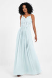 Spaghetti Straps Chiffon Lace Bridesmaid Dress Ruched Long Formal Evening Dresses Gowns