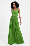 Spaghetti Straps Chiffon Lace Bridesmaid Dress Ruched Long Formal Evening Dresses Gowns