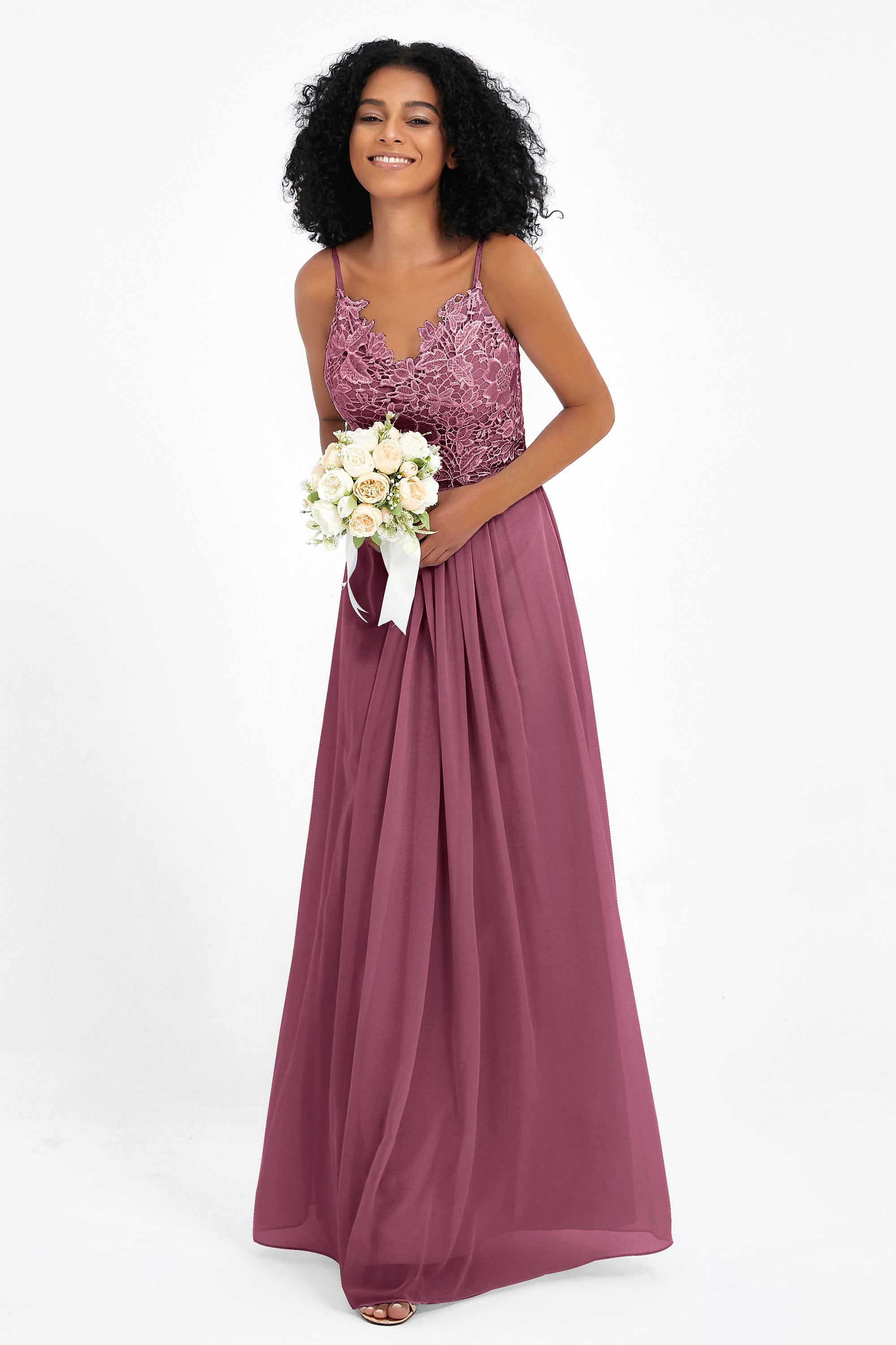 Spaghetti Straps Chiffon Lace Bridesmaid Dress Ruched Long Formal Evening Dresses Gowns