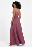 Spaghetti Straps Chiffon Lace Bridesmaid Dress Ruched Long Formal Evening Dresses Gowns