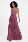 Spaghetti Straps Chiffon Lace Bridesmaid Dress Ruched Long Formal Evening Dresses Gowns