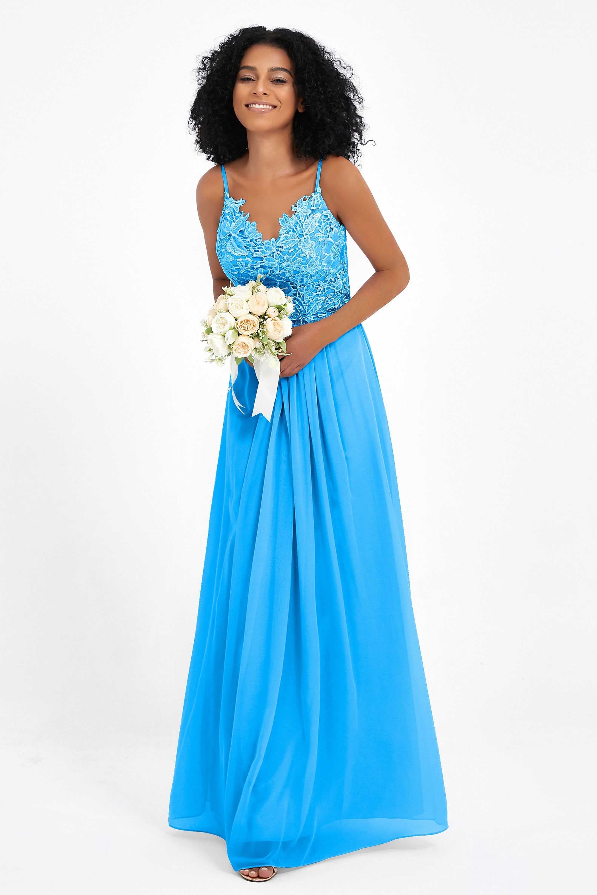 Spaghetti Straps Chiffon Lace Bridesmaid Dress Ruched Long Formal Evening Dresses Gowns