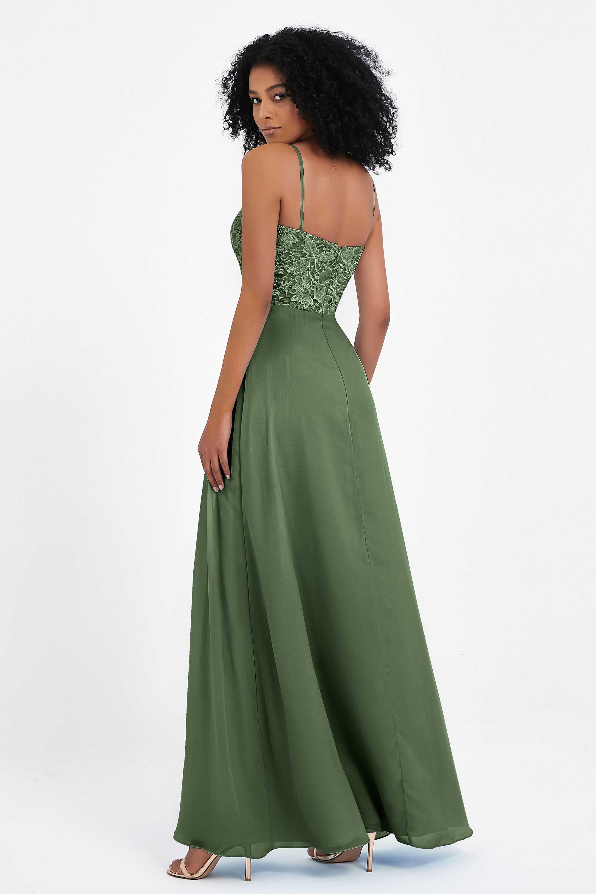 Spaghetti Straps Chiffon Lace Bridesmaid Dress Ruched Long Formal Evening Dresses Gowns