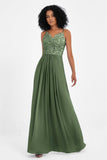 Spaghetti Straps Chiffon Lace Bridesmaid Dress Ruched Long Formal Evening Dresses Gowns