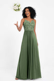 Spaghetti Straps Chiffon Lace Bridesmaid Dress Ruched Long Formal Evening Dresses Gowns