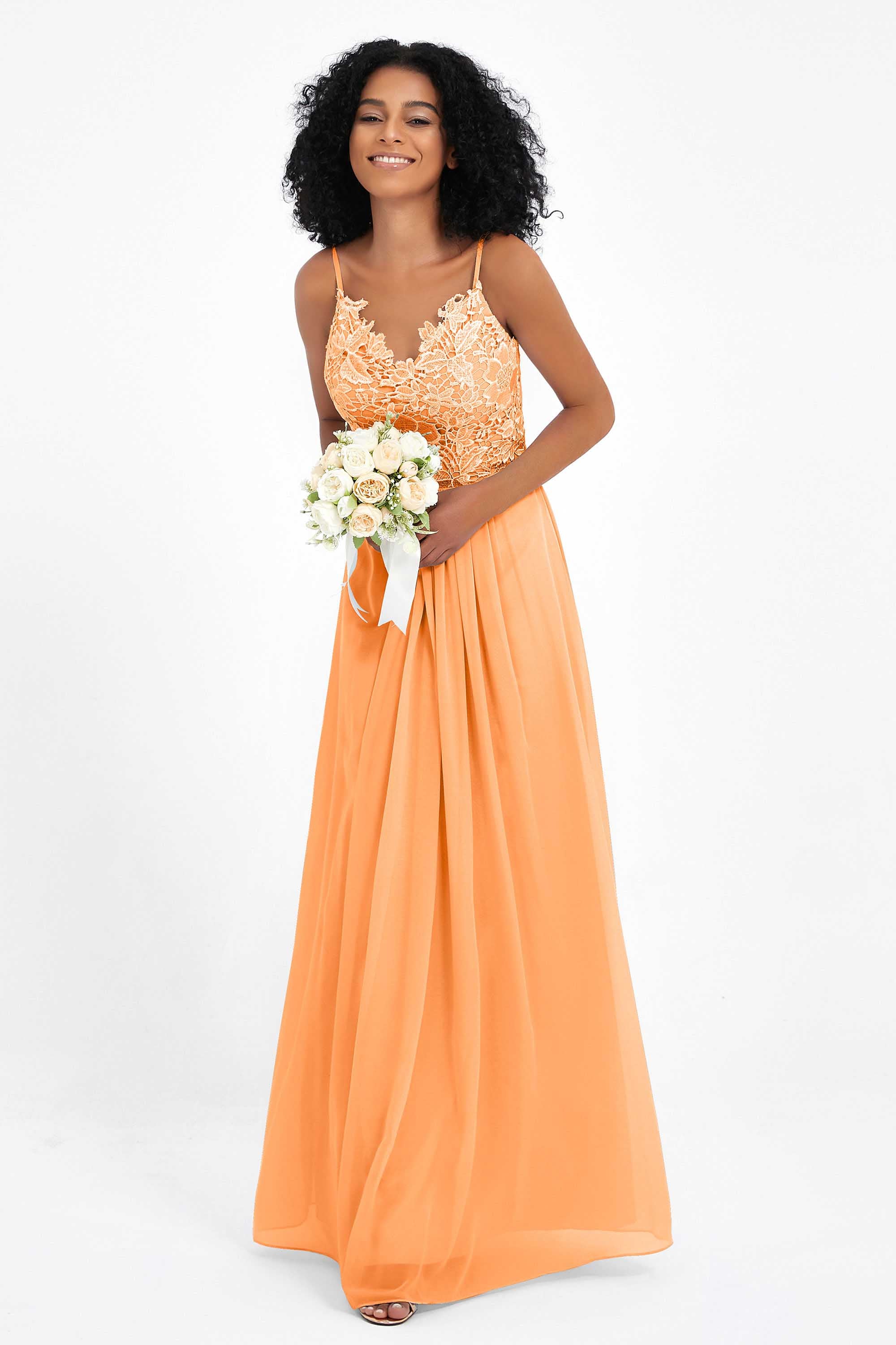 Spaghetti Straps Chiffon Lace Bridesmaid Dress Ruched Long Formal Evening Dresses Gowns