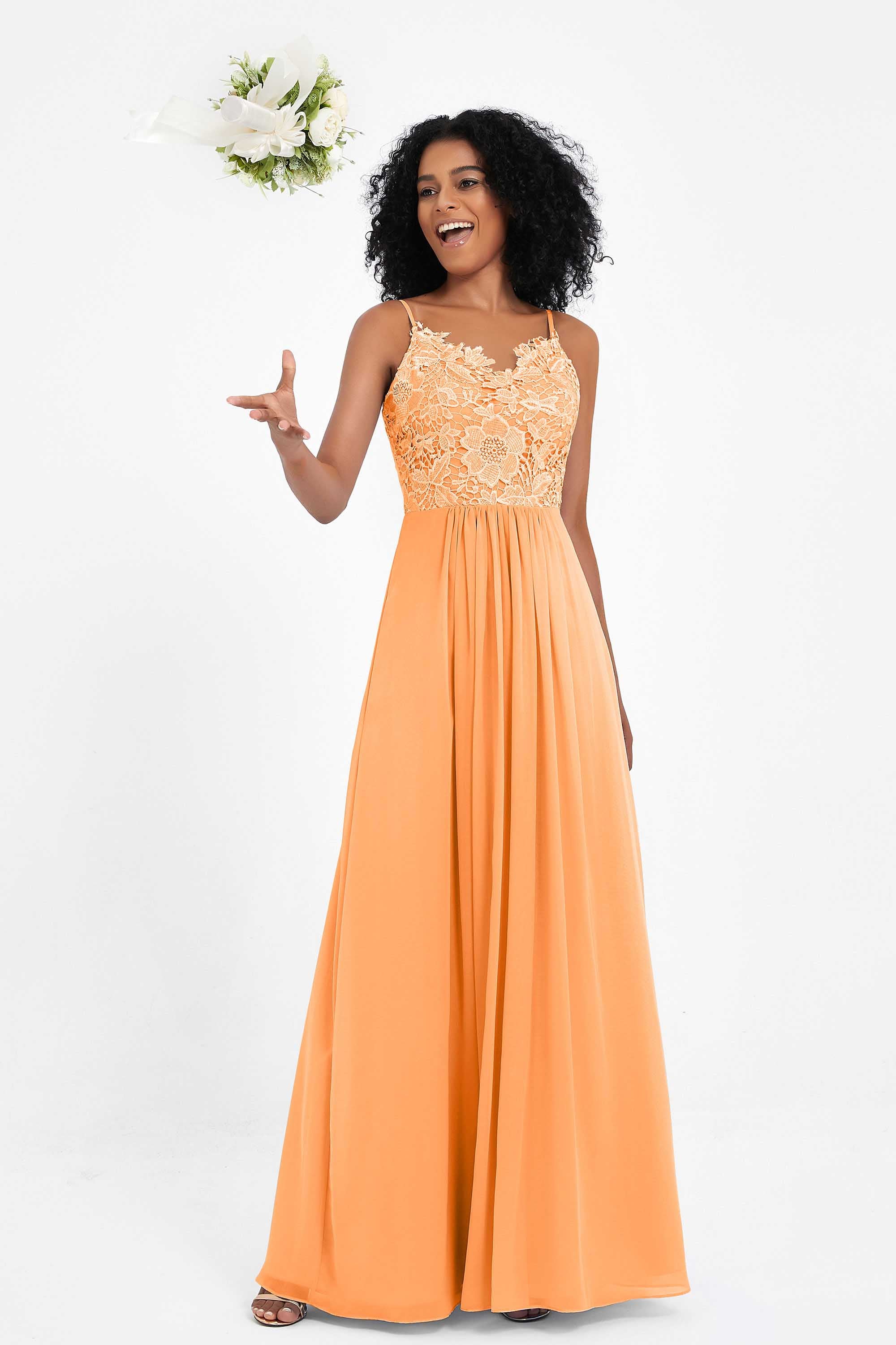 Spaghetti Straps Chiffon Lace Bridesmaid Dress Ruched Long Formal Evening Dresses Gowns