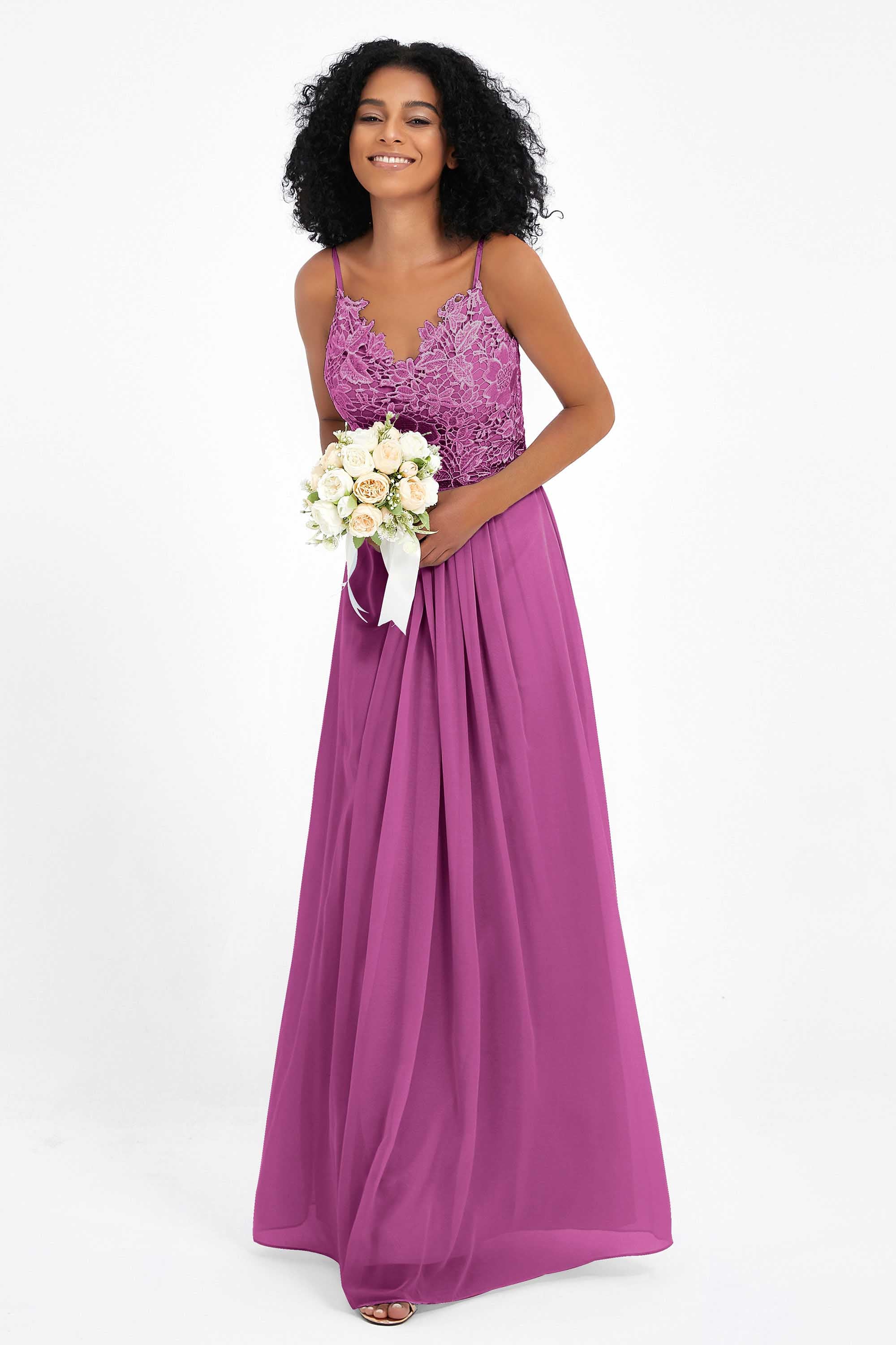 Spaghetti Straps Chiffon Lace Bridesmaid Dress Ruched Long Formal Evening Dresses Gowns