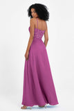 Spaghetti Straps Chiffon Lace Bridesmaid Dress Ruched Long Formal Evening Dresses Gowns