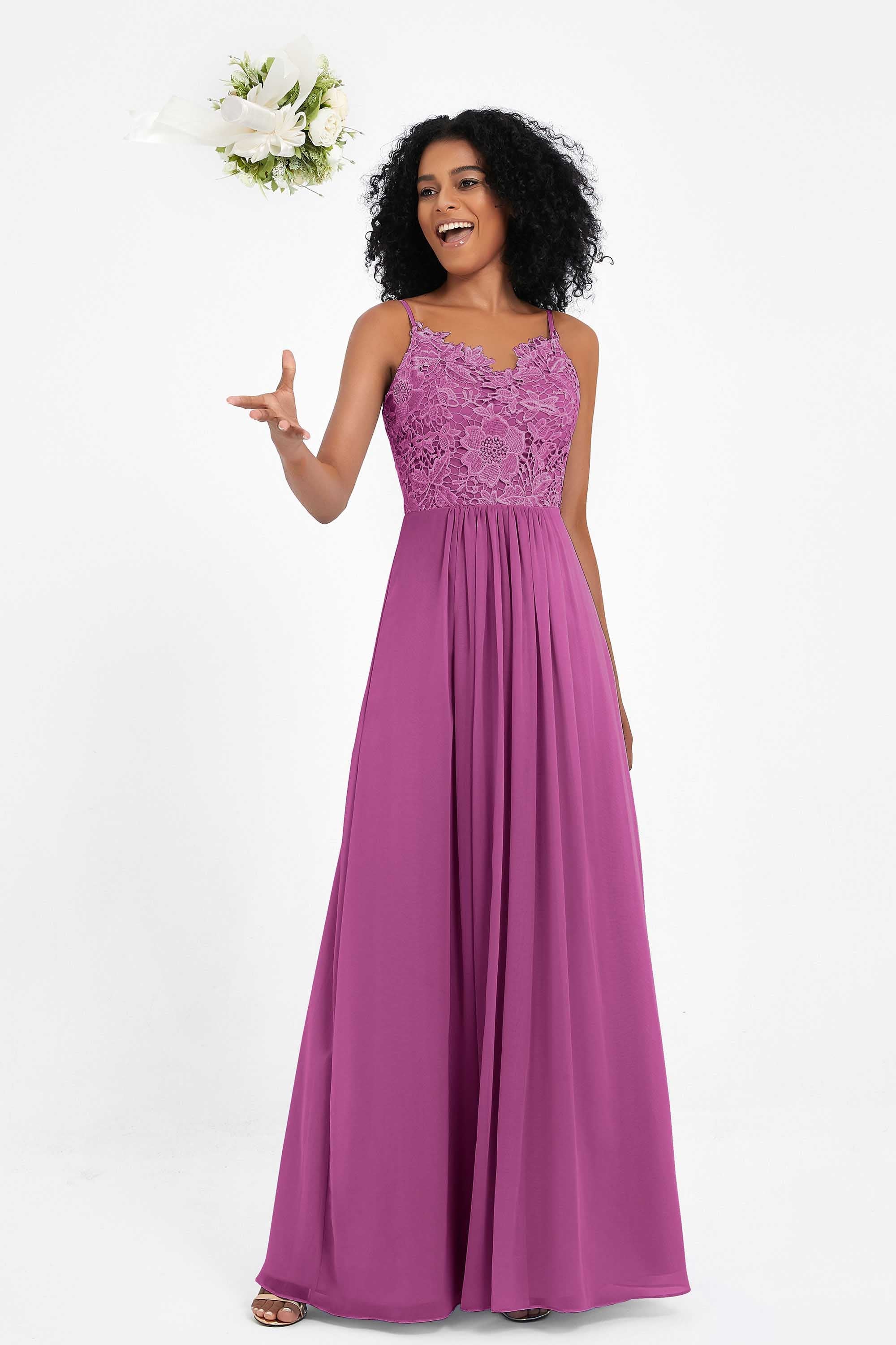 Spaghetti Straps Chiffon Lace Bridesmaid Dress Ruched Long Formal Evening Dresses Gowns