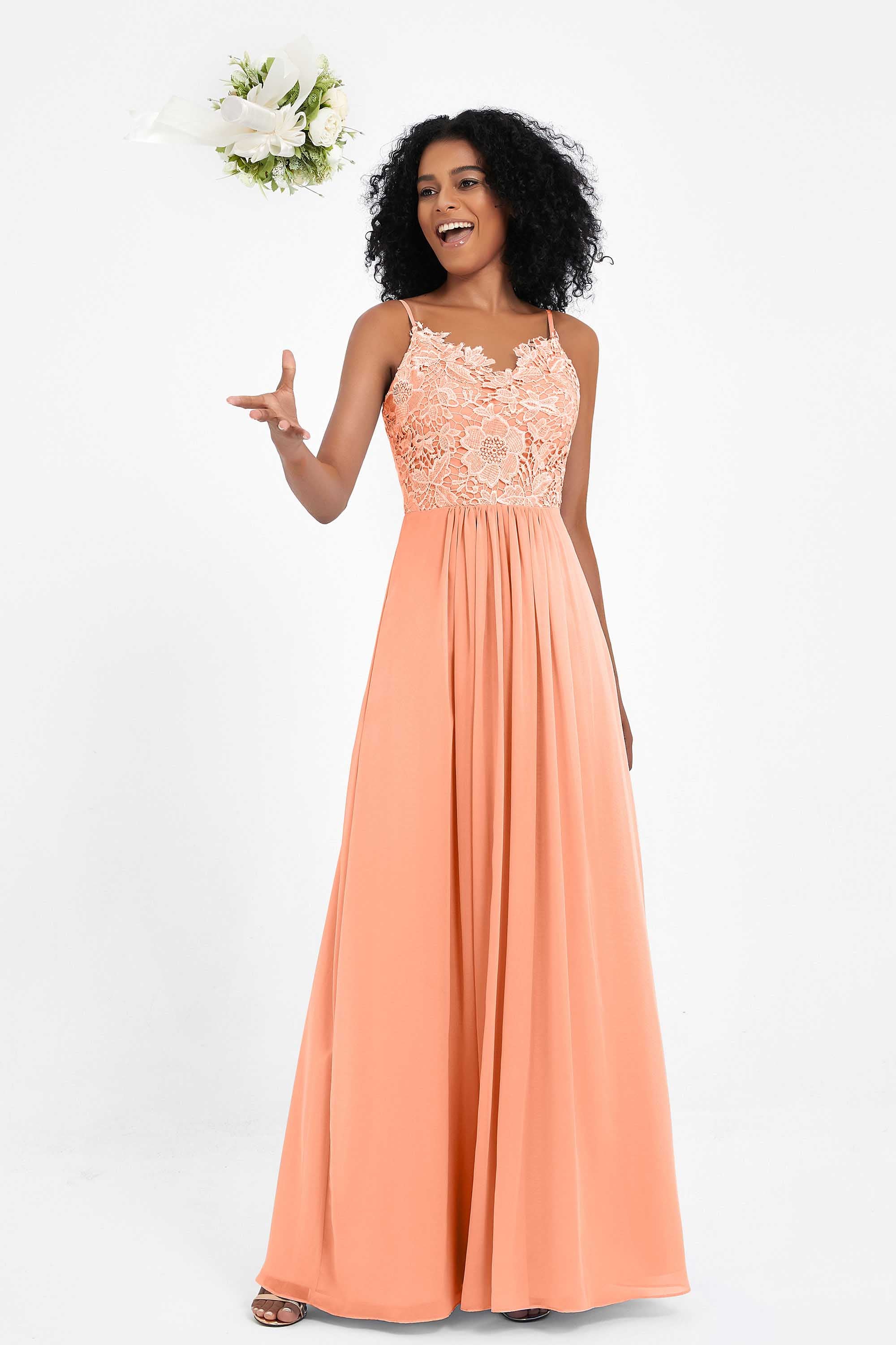 Spaghetti Straps Chiffon Lace Bridesmaid Dress Ruched Long Formal Evening Dresses Gowns