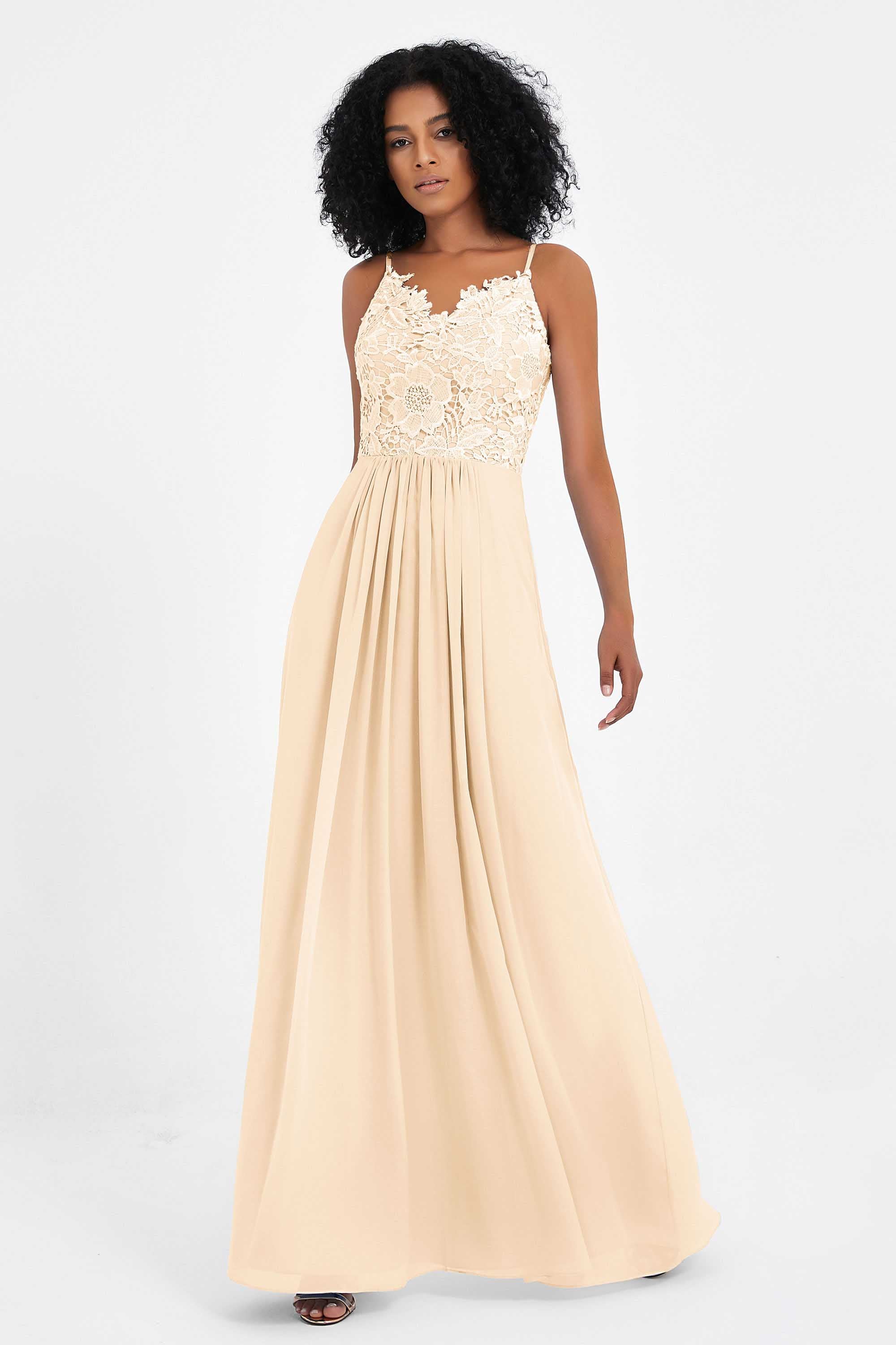 Spaghetti Straps Chiffon Lace Bridesmaid Dress Ruched Long Formal Evening Dresses Gowns