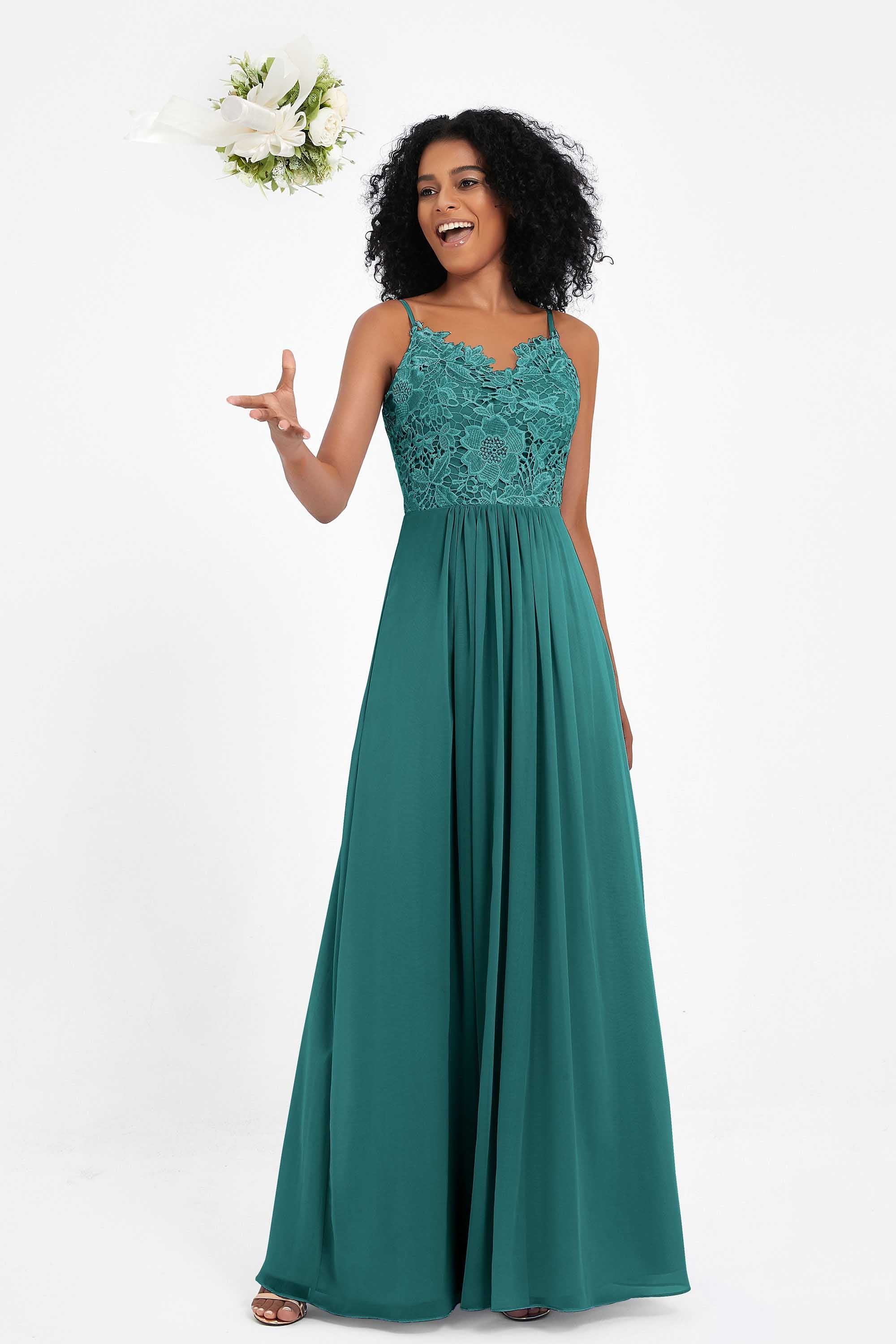 Spaghetti Straps Chiffon Lace Bridesmaid Dress Ruched Long Formal Evening Dresses Gowns