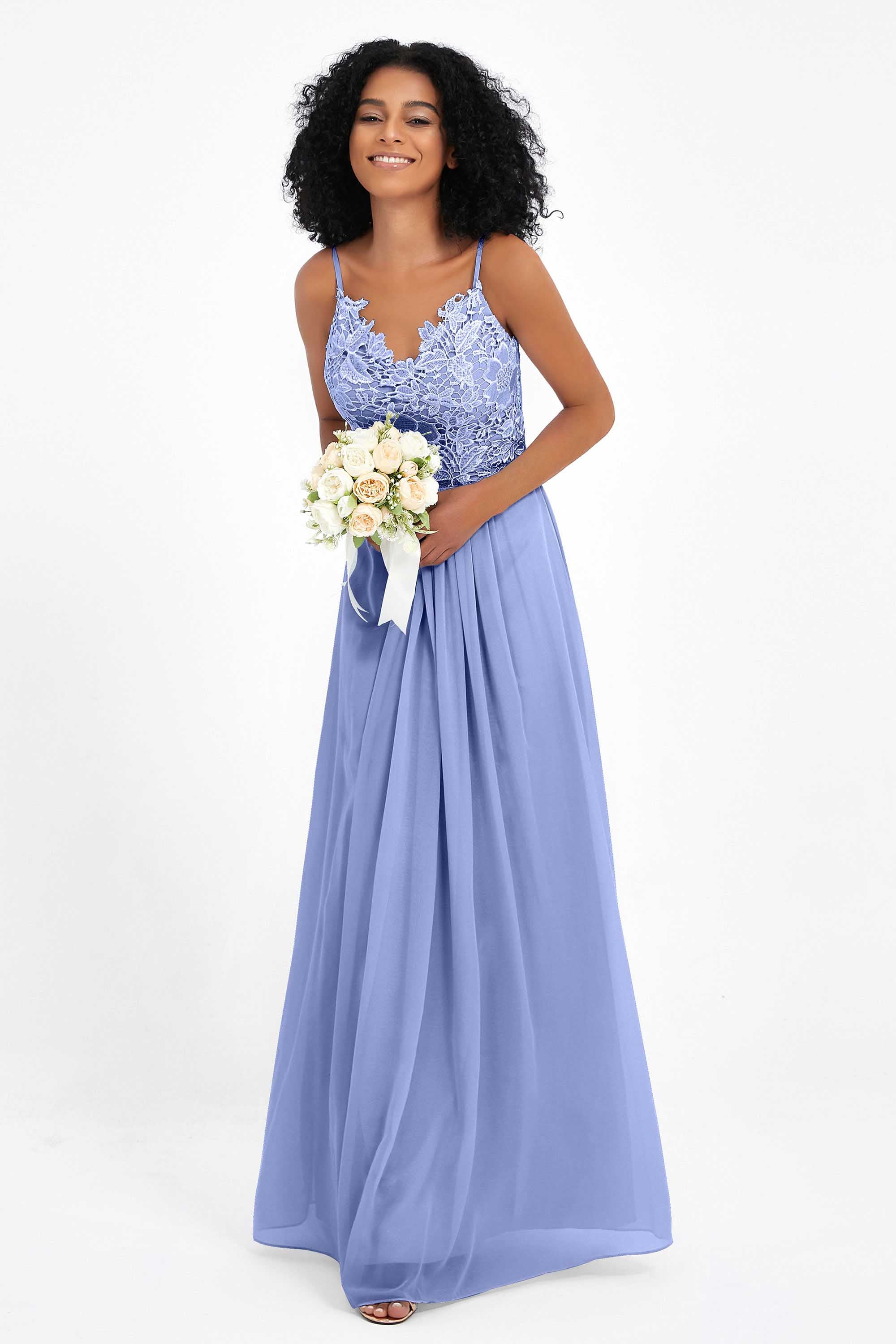 Spaghetti Straps Chiffon Lace Bridesmaid Dress Ruched Long Formal Evening Dresses Gowns