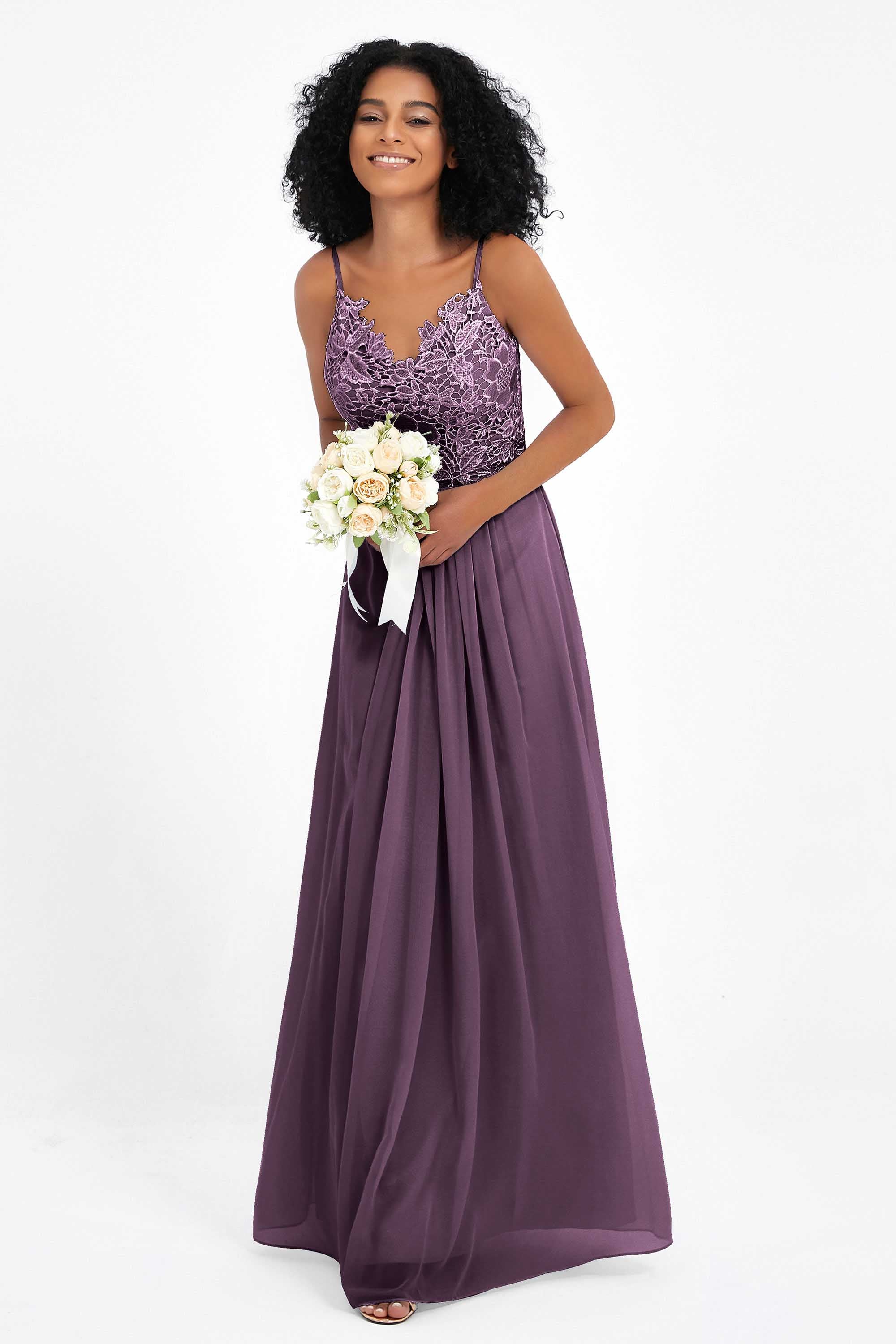 Spaghetti Straps Chiffon Lace Bridesmaid Dress Ruched Long Formal Evening Dresses Gowns
