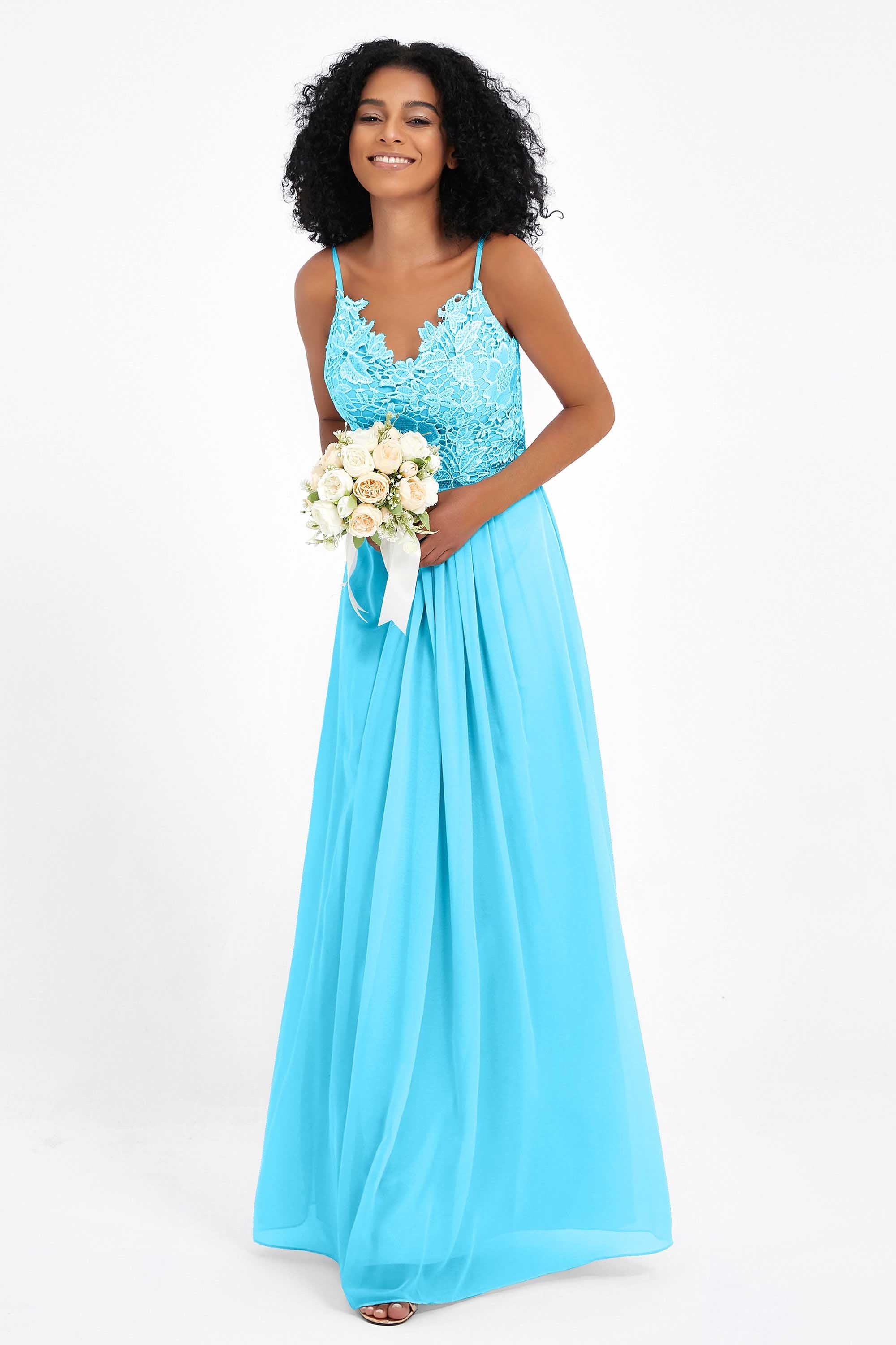 Spaghetti Straps Chiffon Lace Bridesmaid Dress Ruched Long Formal Evening Dresses Gowns