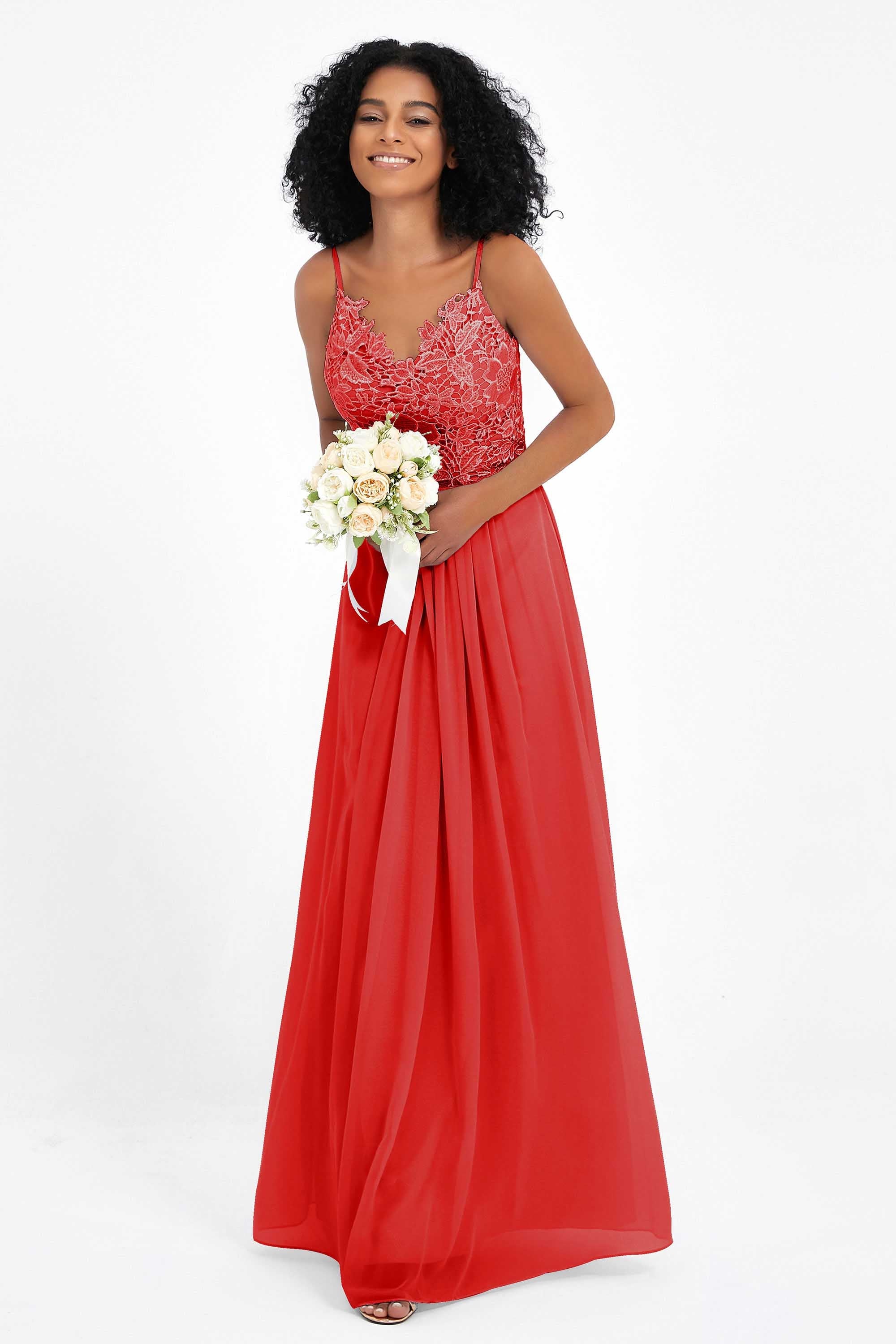 Spaghetti Straps Chiffon Lace Bridesmaid Dress Ruched Long Formal Evening Dresses Gowns
