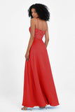 Spaghetti Straps Chiffon Lace Bridesmaid Dress Ruched Long Formal Evening Dresses Gowns