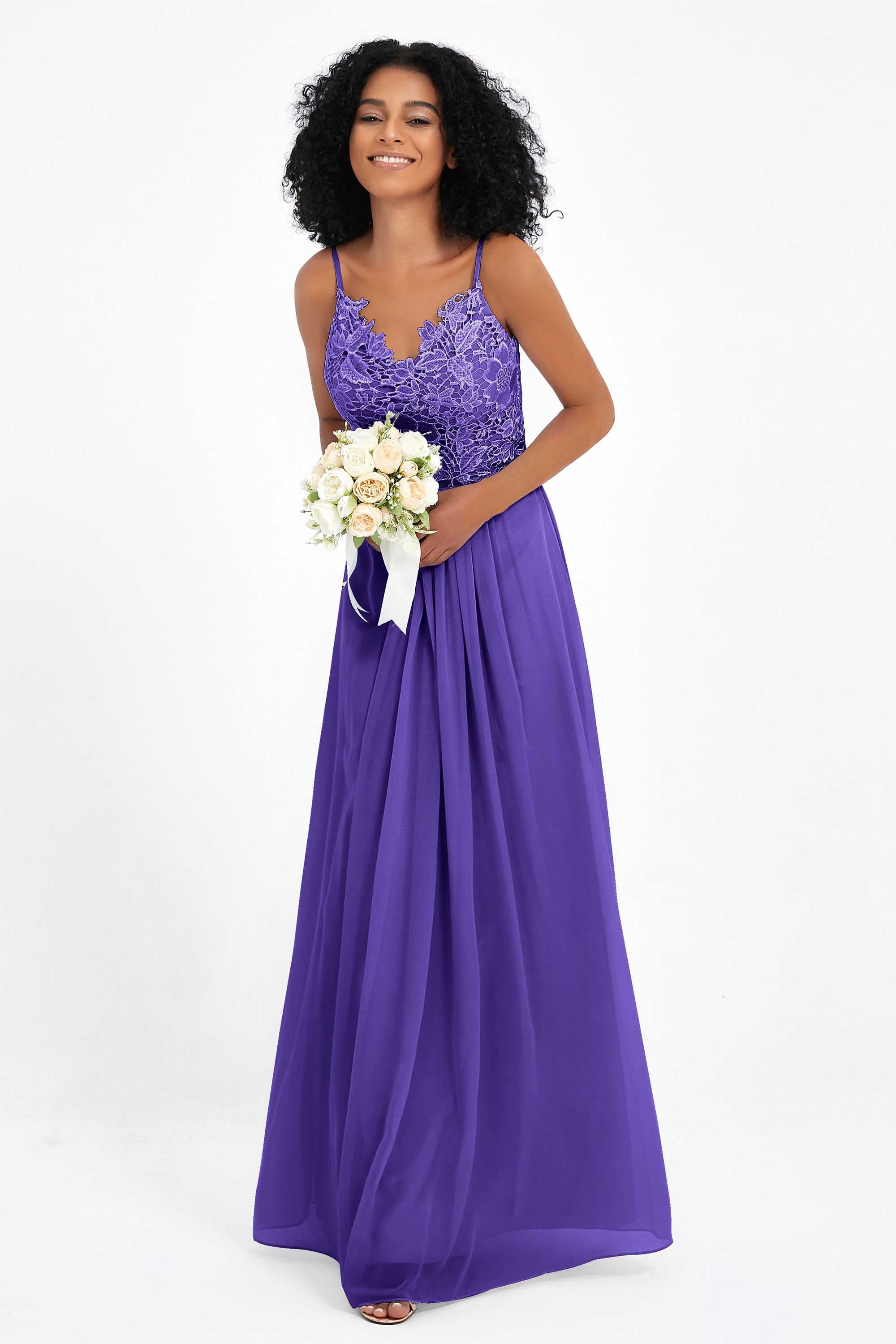 Spaghetti Straps Chiffon Lace Bridesmaid Dress Ruched Long Formal Evening Dresses Gowns